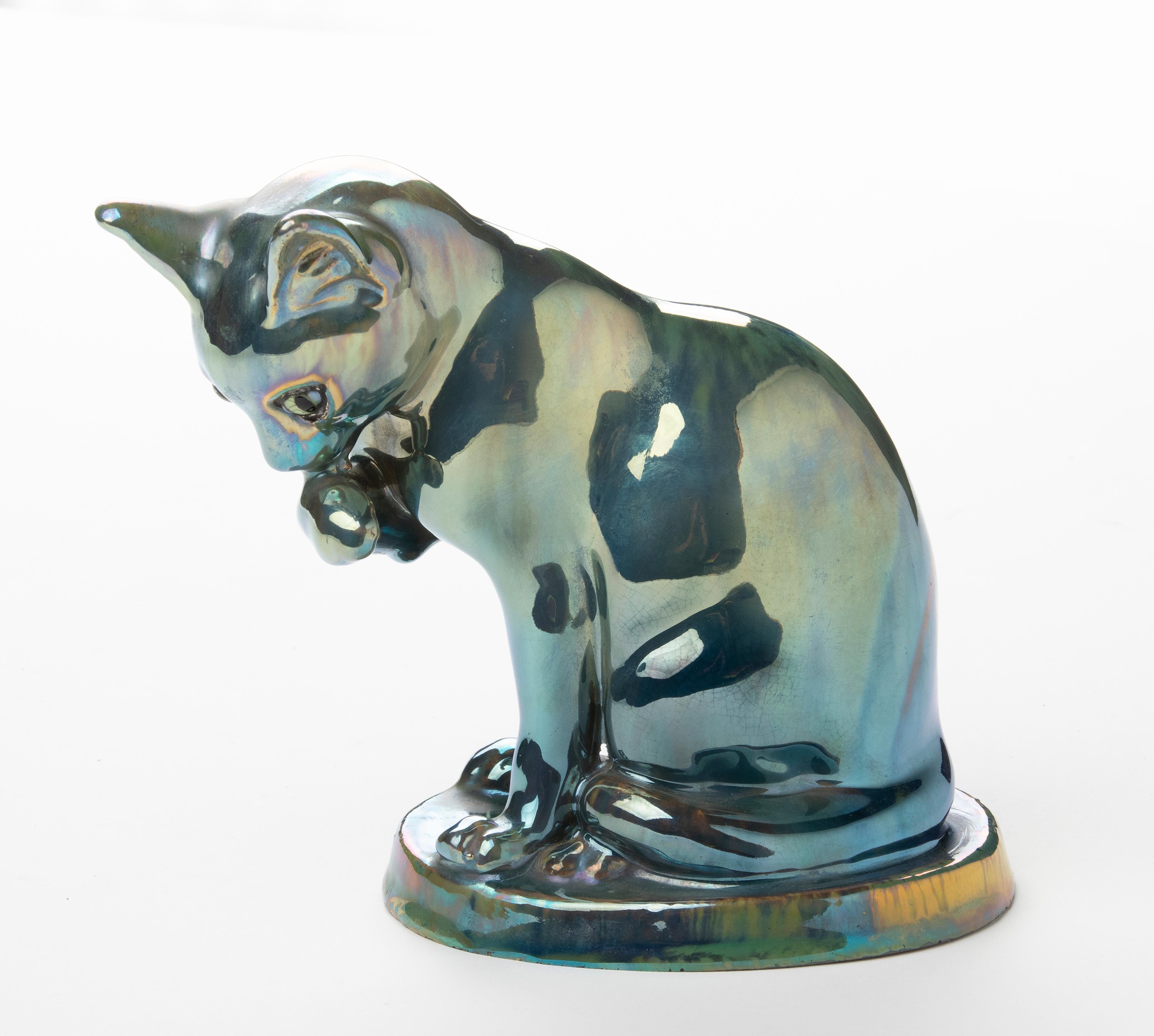 Keramik-Katze-Figur aus den 1930er Jahren mit schillernder Glasur, Alpaka. Cytère Rambervilliers im Angebot 7