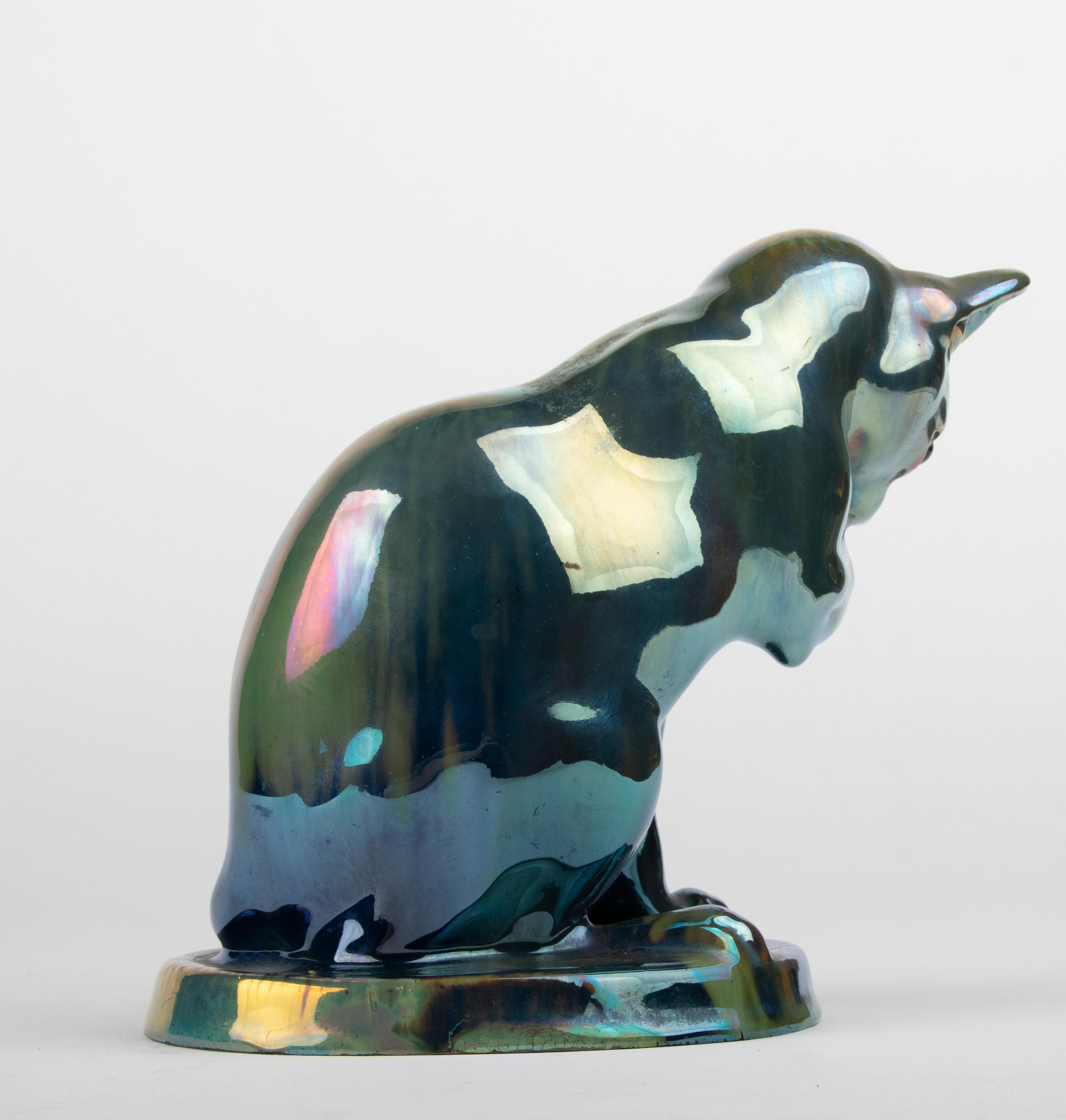1930's Ceramic Cat Figure with Iridescent Glaze, Alph. Cytère Rambervilliers For Sale 7