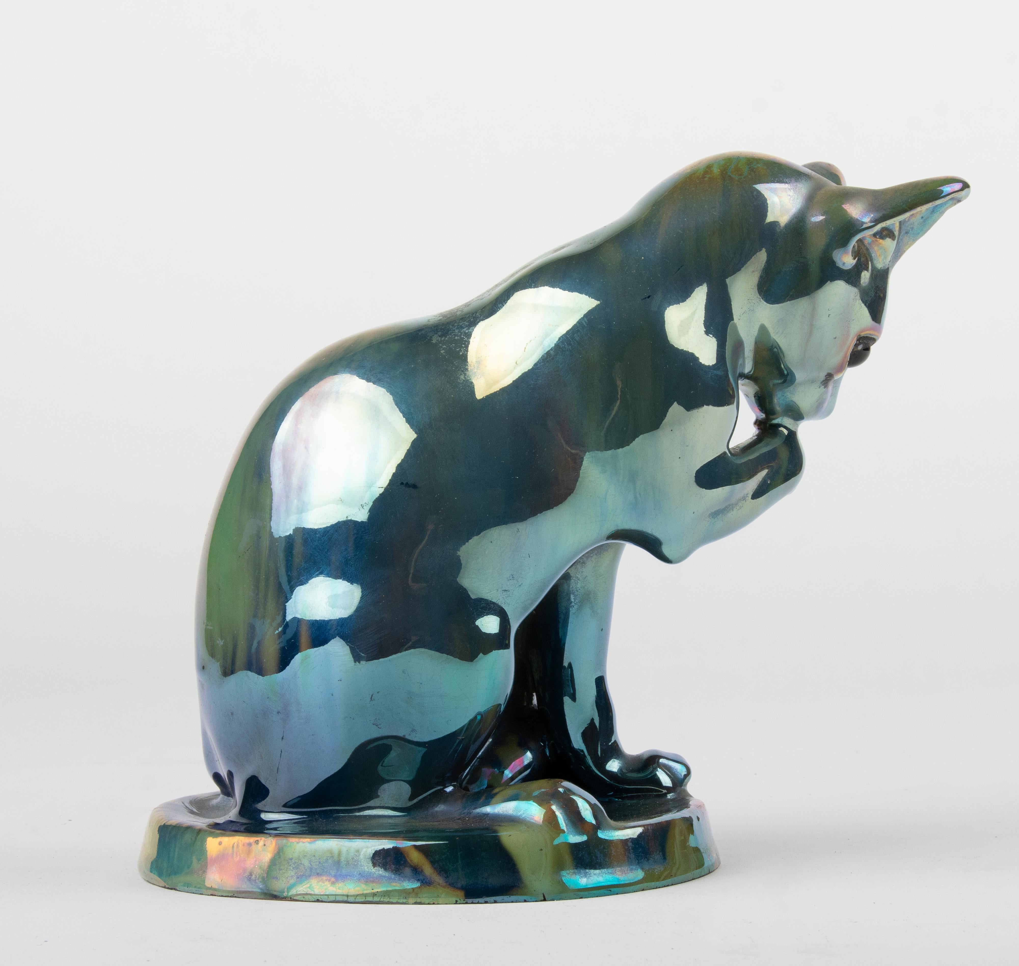 Hand-Crafted 1930's Ceramic Cat Figure with Iridescent Glaze, Alph. Cytère Rambervilliers For Sale