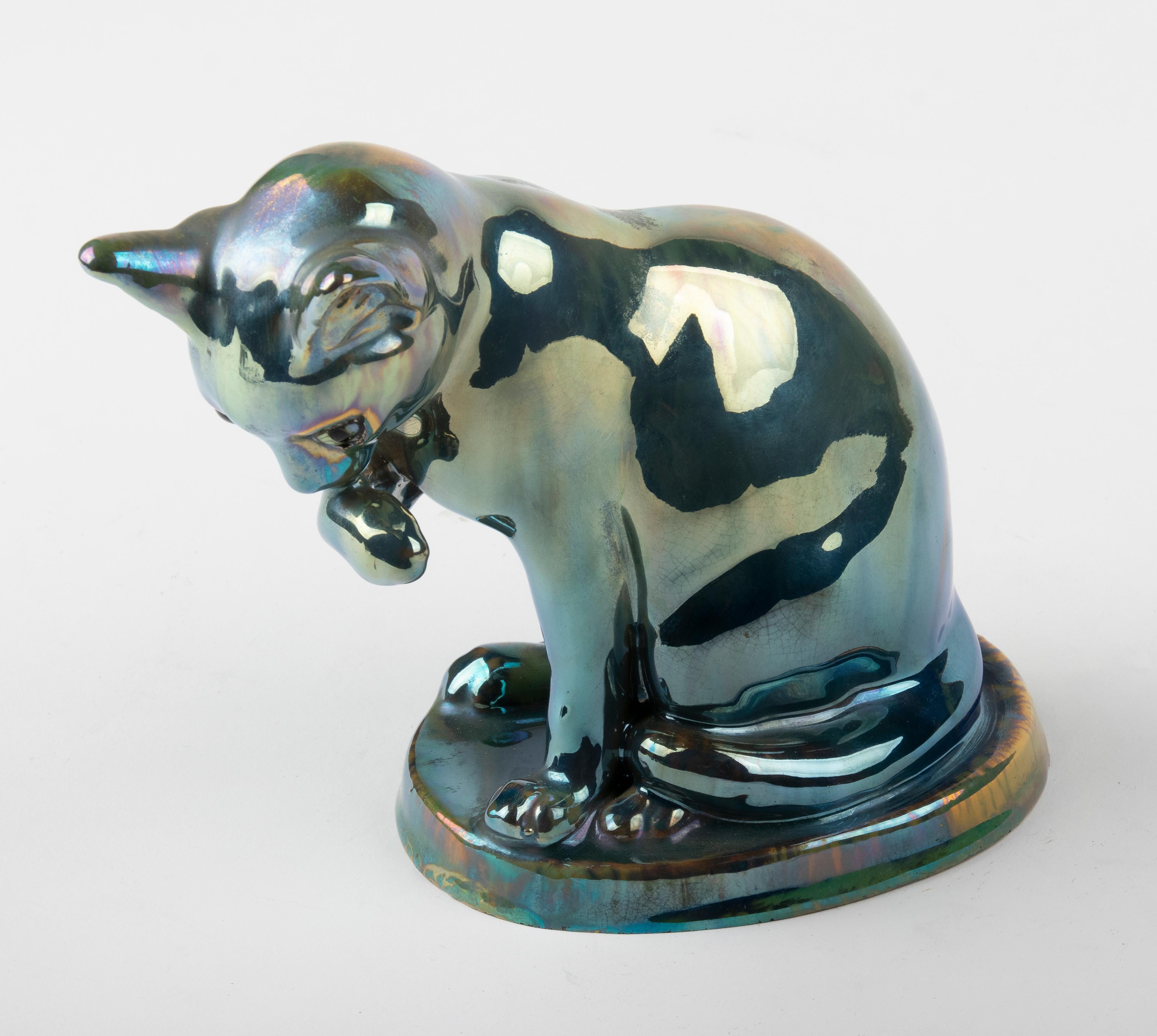Keramik-Katze-Figur aus den 1930er Jahren mit schillernder Glasur, Alpaka. Cytère Rambervilliers im Angebot 2