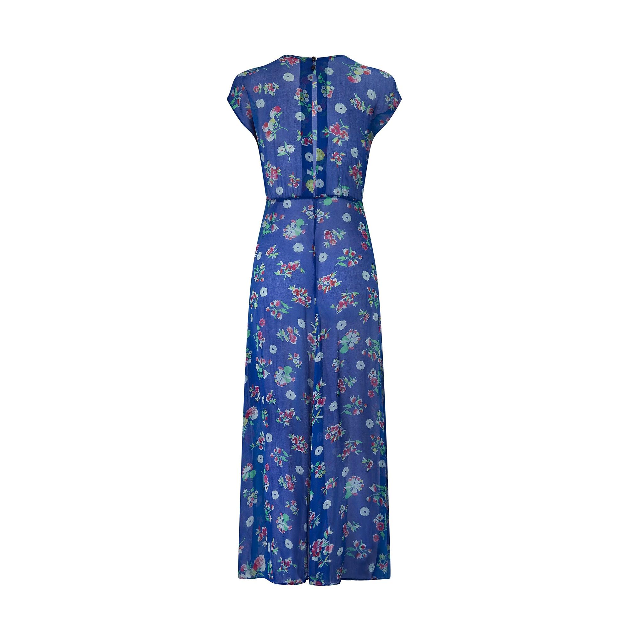 1930s Cerulean Blue Floral Chiffon Tea Dress In Excellent Condition For Sale In London, GB