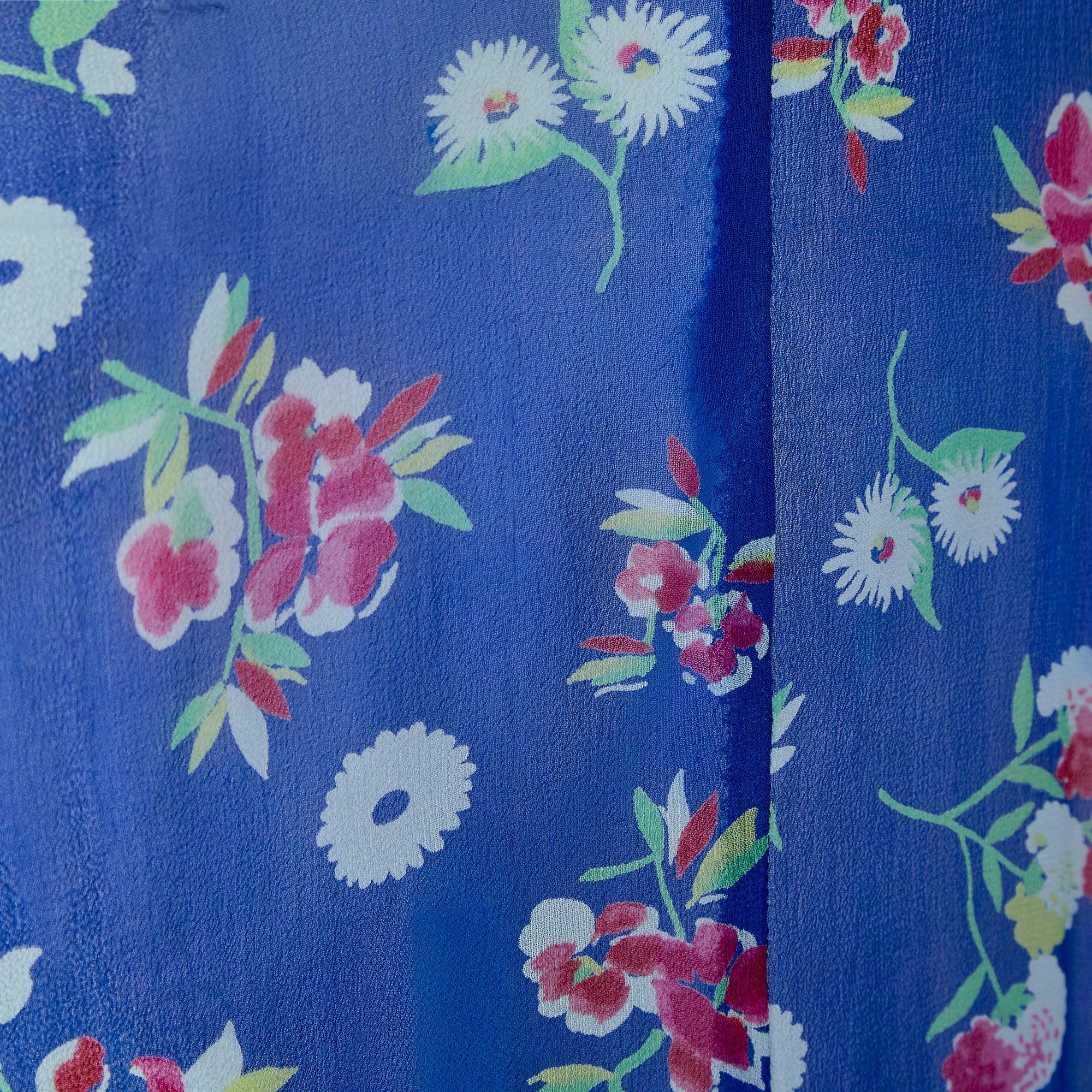 Women's 1930s Cerulean Blue Floral Chiffon Tea Dress For Sale