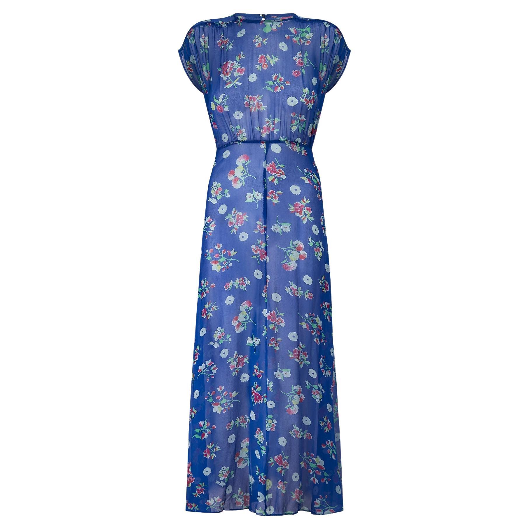 1930s Cerulean Blue Floral Chiffon Tea Dress For Sale