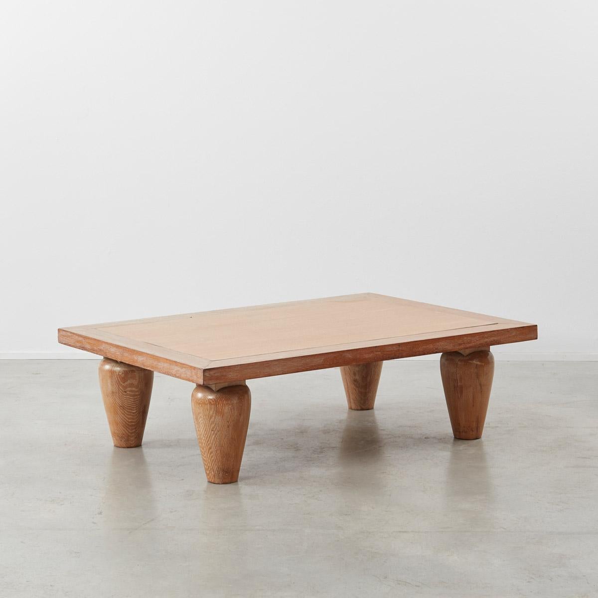 Charming early 20th century cerused oak coffee table in the manner of architect Josef Frank. Whilst this coffee table is unattributed it certainly sings the tune of Frank’s design sensibilities and aesthetic.

The rectangular form is modest in