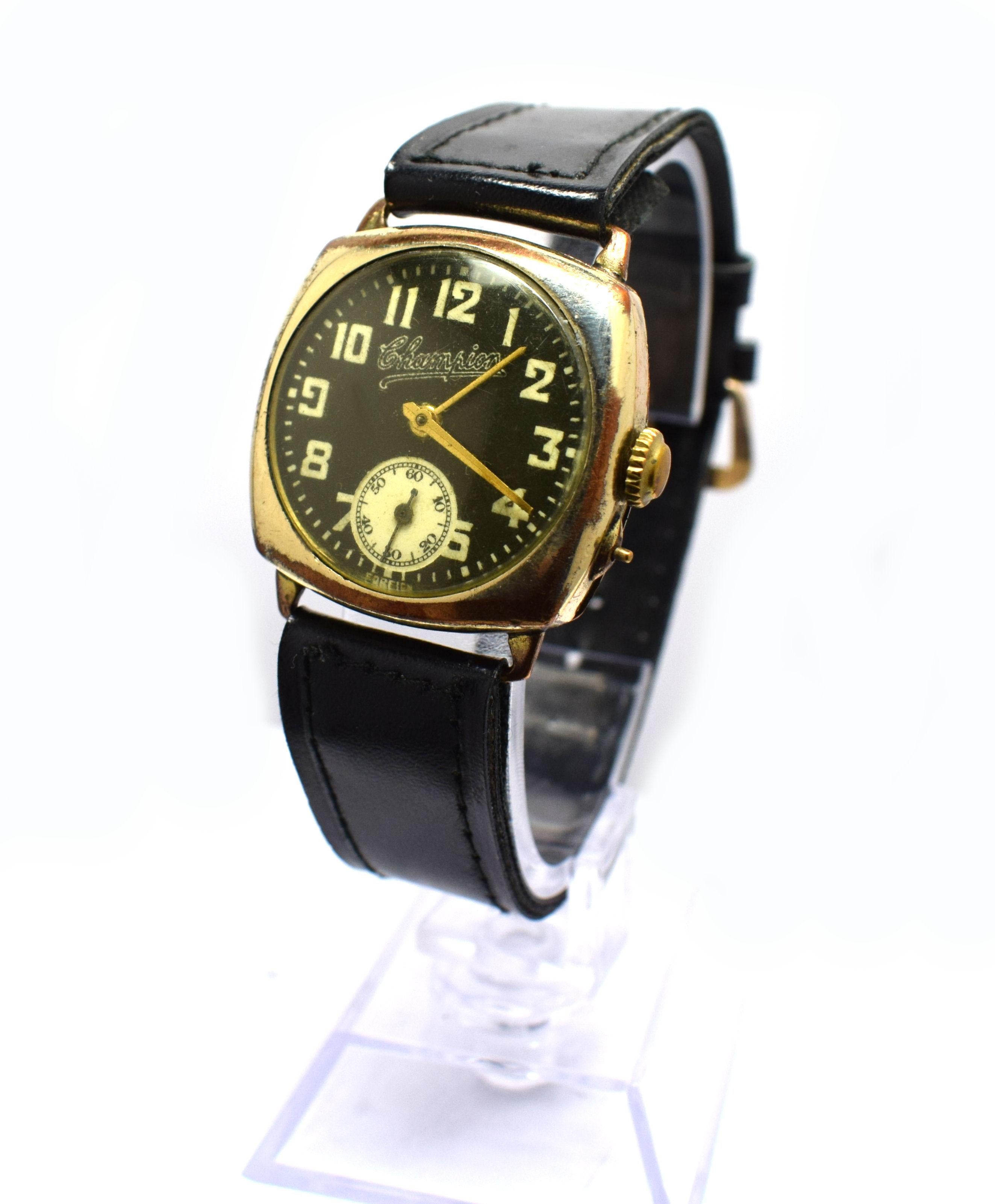 1930s Champion Art Deco Men's Gold-Plated Cushion Watch 6