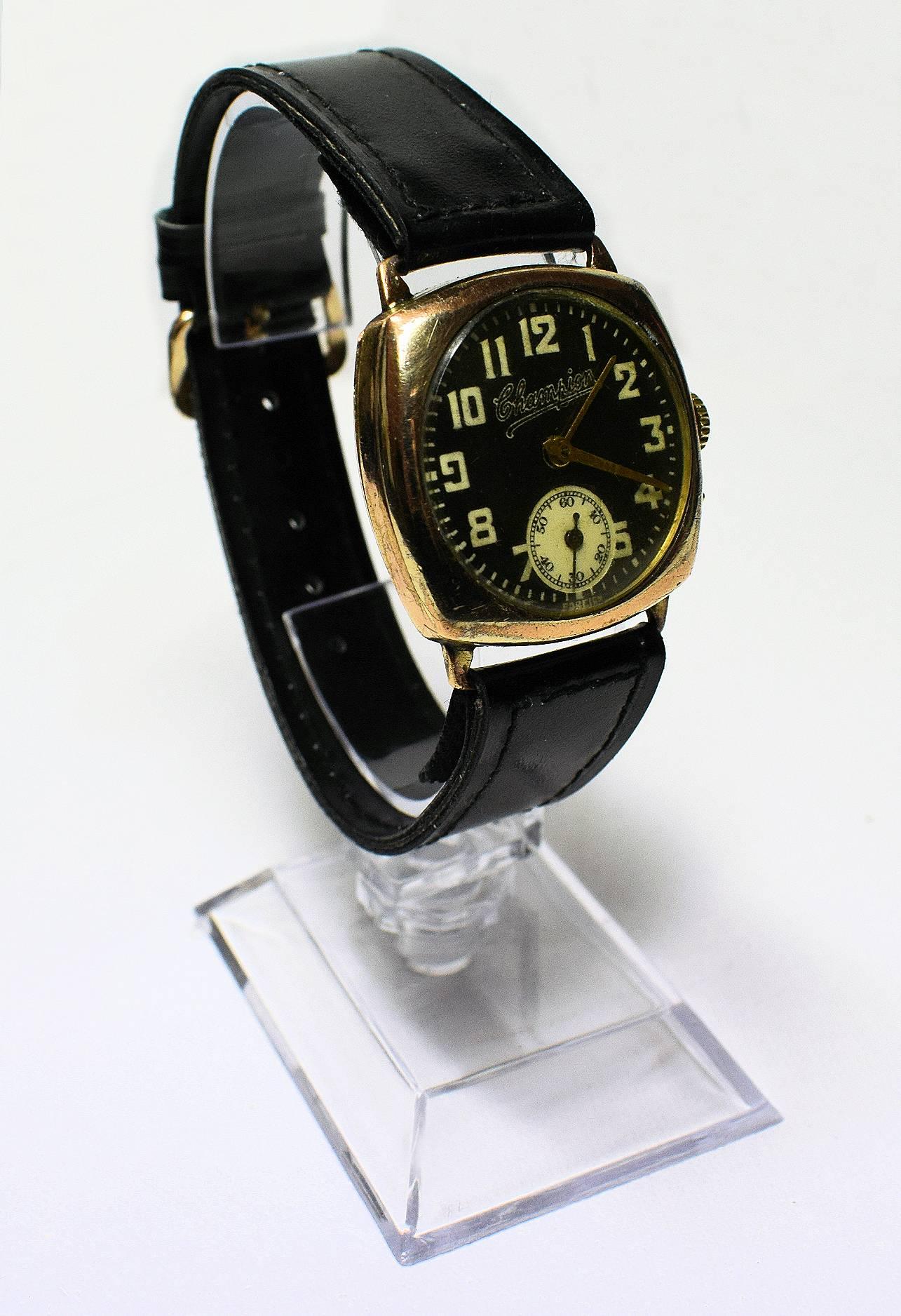montre à coussin Champion Art Déco des années 1930 pour homme:: plaquée or 2