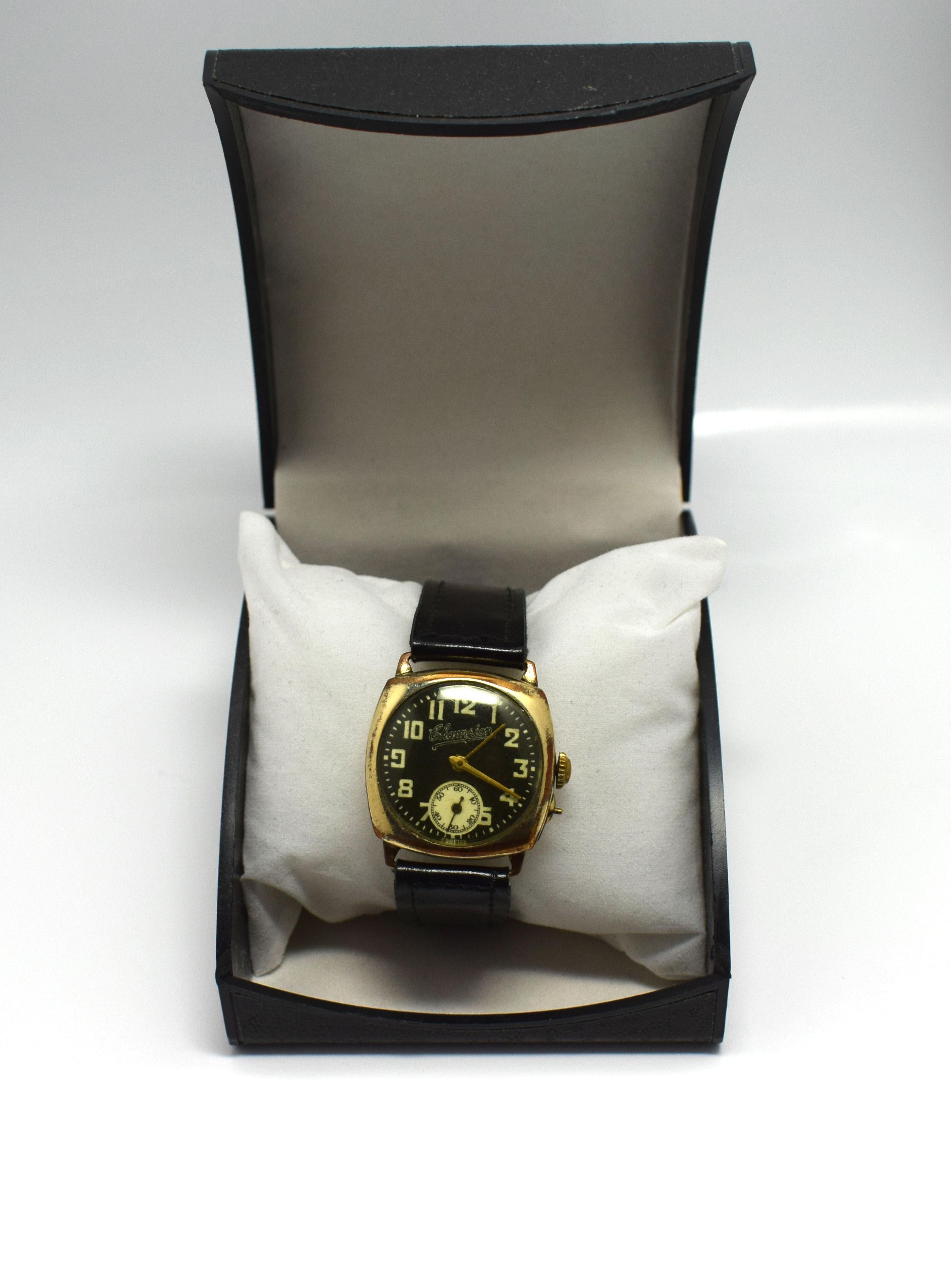 1930s Champion Art Deco Men's Gold-Plated Cushion Watch In Excellent Condition In Devon, England