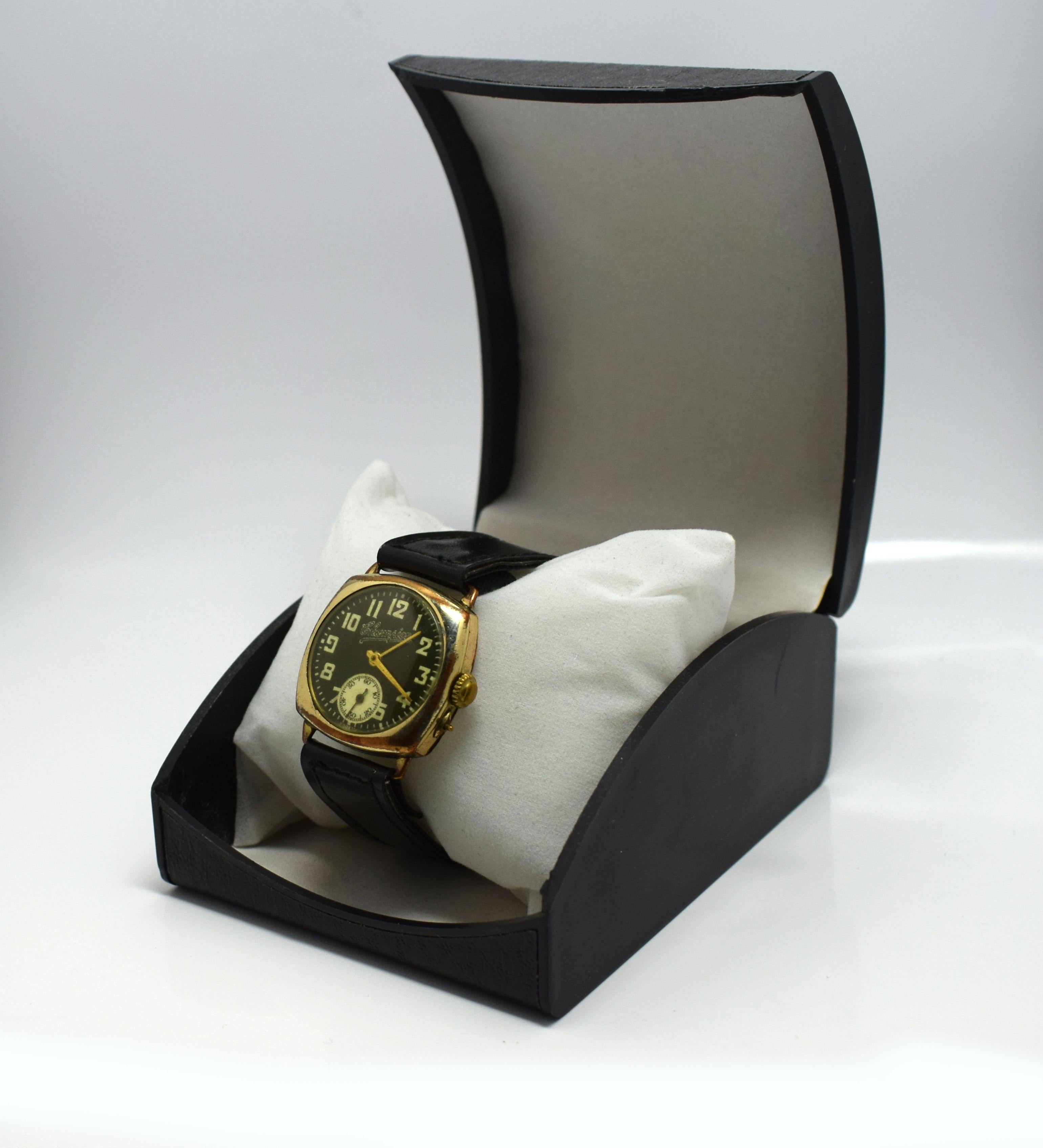 20th Century 1930s Champion Art Deco Men's Gold-Plated Cushion Watch