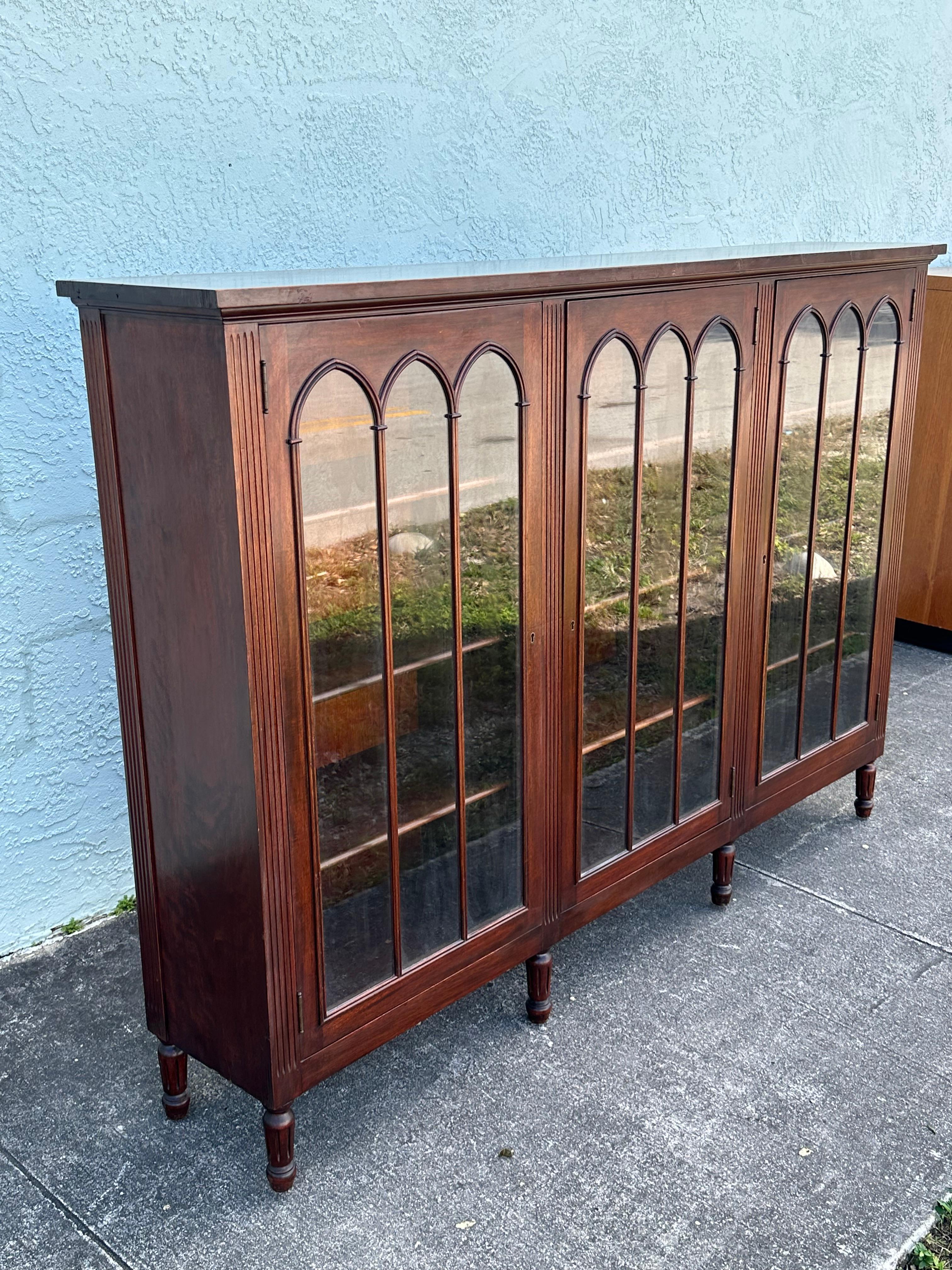 American 1932 Signed Charak Furniture Art Deco Arch Bookcase Glass Cabinet For Sale