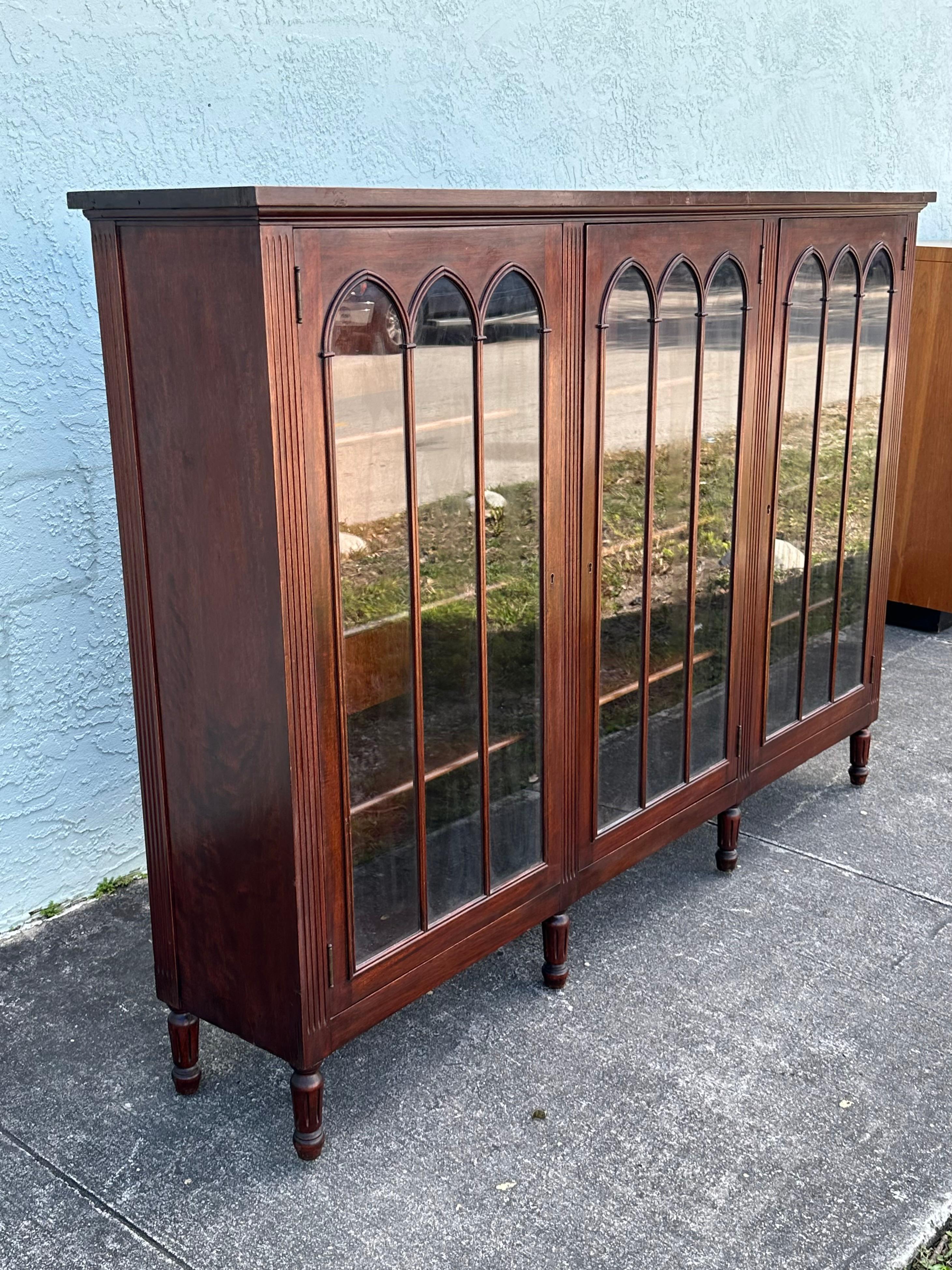 1932 Signed Charak Furniture Art Deco Arch Bookcase Glass Cabinet In Good Condition For Sale In Fort Lauderdale, FL
