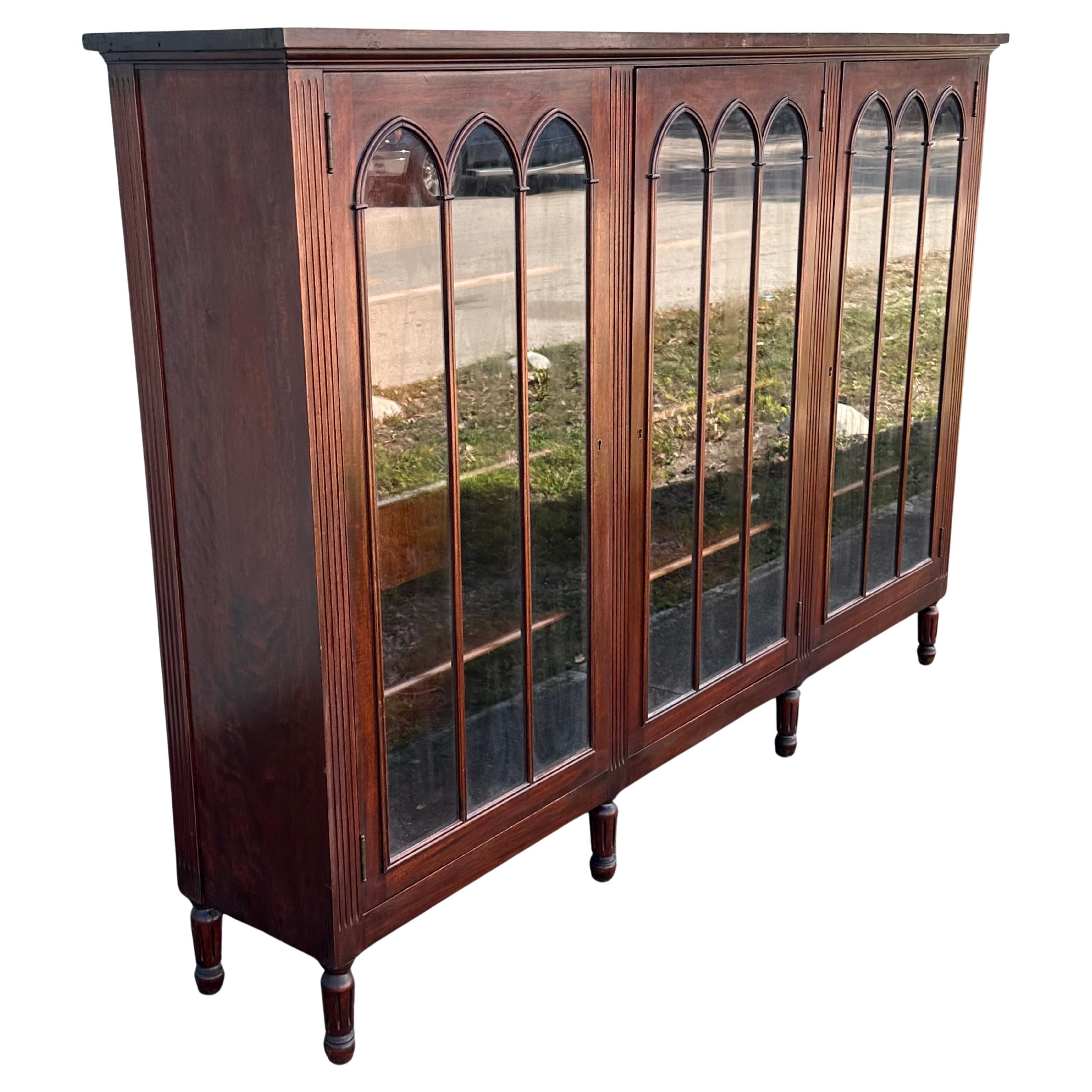 1932 Signed Charak Furniture Art Deco Arch Bookcase Glass Cabinet For Sale