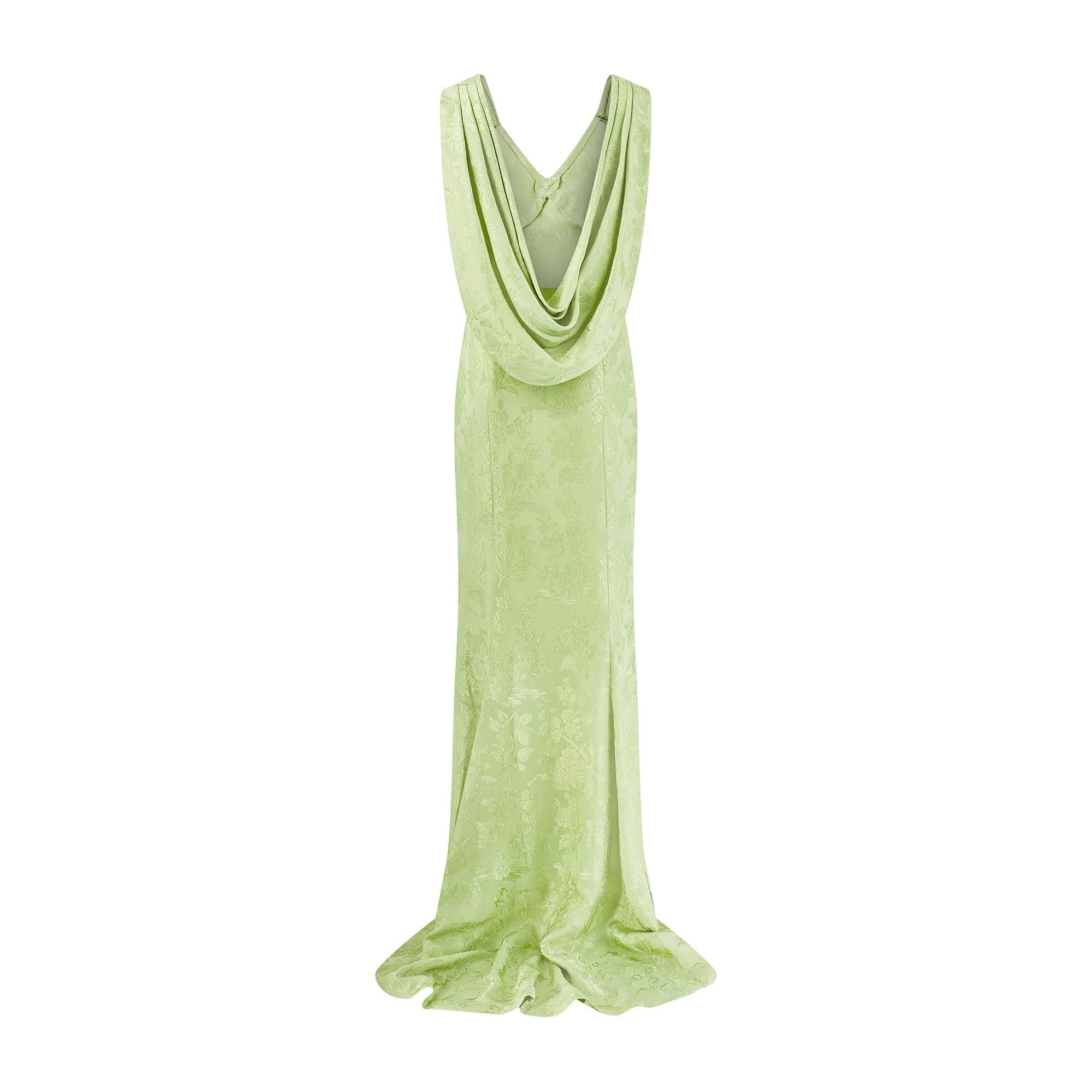 Vert Robe de soirée en jacquard de soie à fleurs vertes chartreuse avec traîne, années 1930 en vente