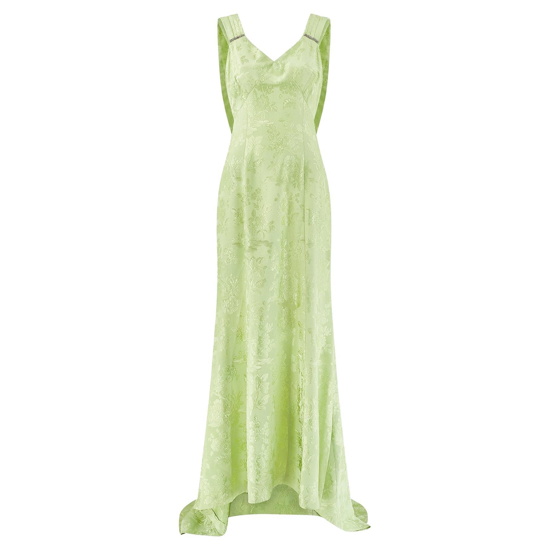 Robe de soirée en jacquard de soie à fleurs vertes chartreuse avec traîne, années 1930 en vente