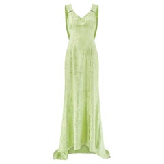 1930s Chartreuse Green Floral Silk Jacquard Evening Gown with Train