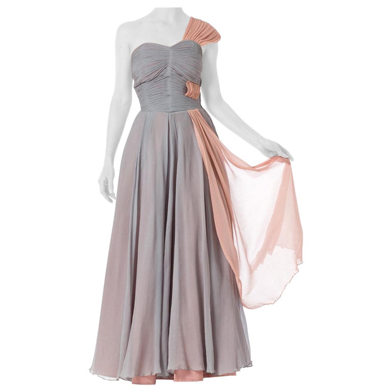 1930S Chiffon One Shoulder Blue Flowy Ball Gown at 1stDibs