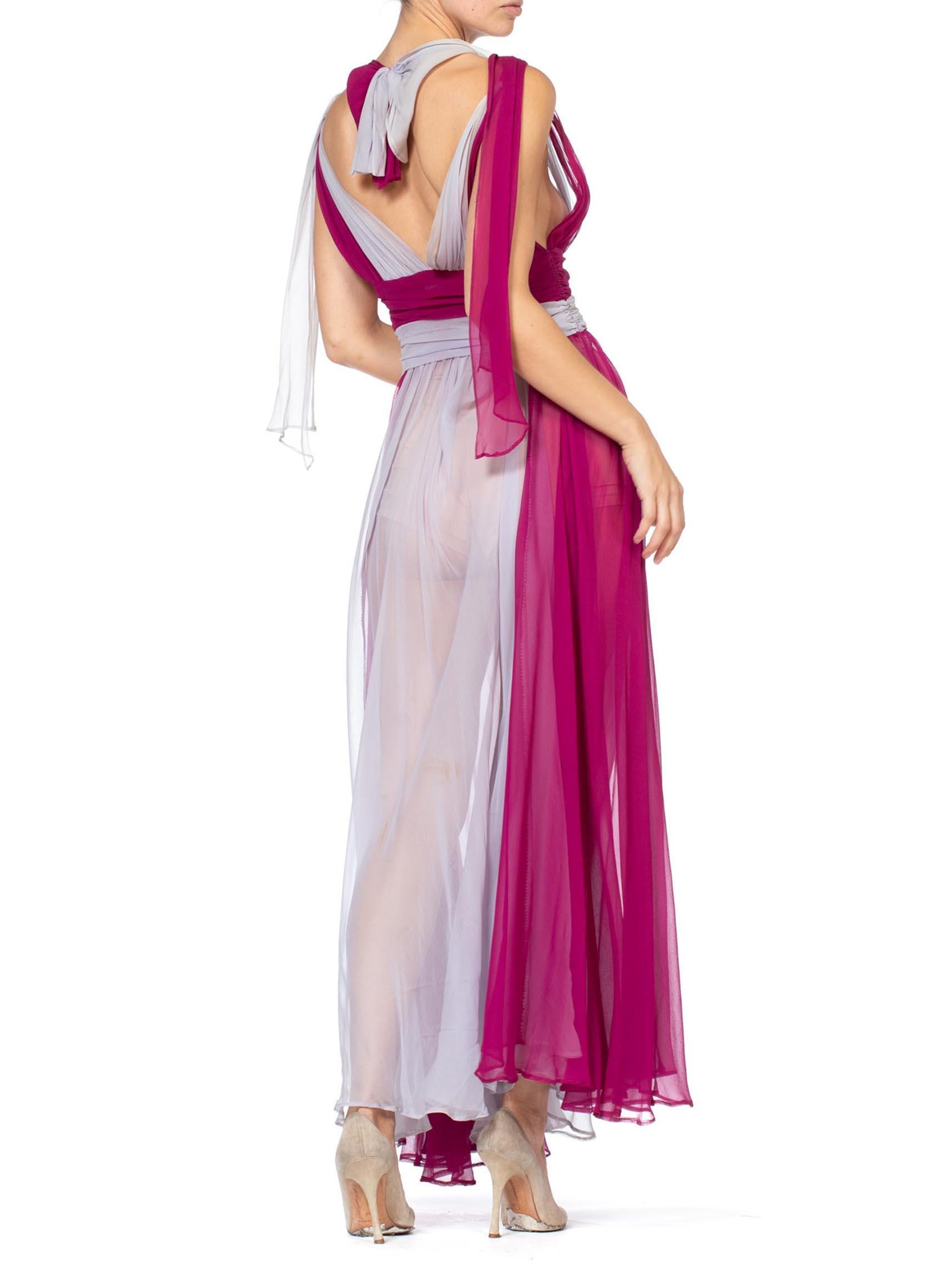 1930S Magenta & Grey Silk Chiffon Rare Color-Blocked Gown With Shoulder 