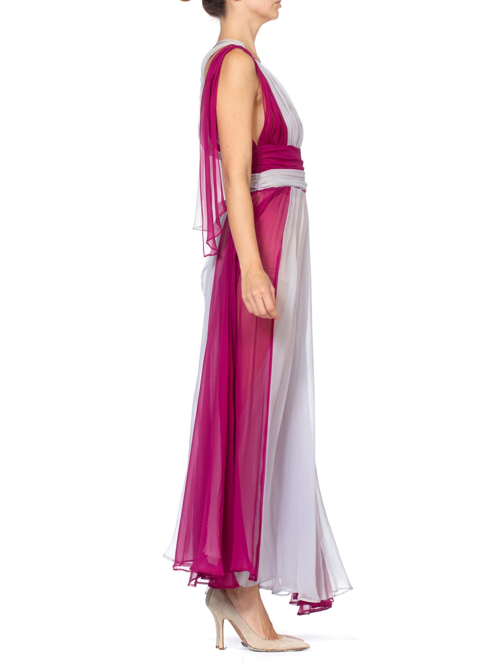 Purple 1930S Magenta & Grey Silk Chiffon Rare Color-Blocked Gown With Shoulder 