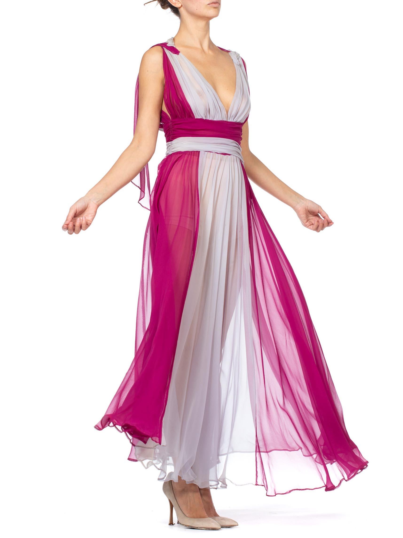 Women's 1930S Magenta & Grey Silk Chiffon Rare Color-Blocked Gown With Shoulder 