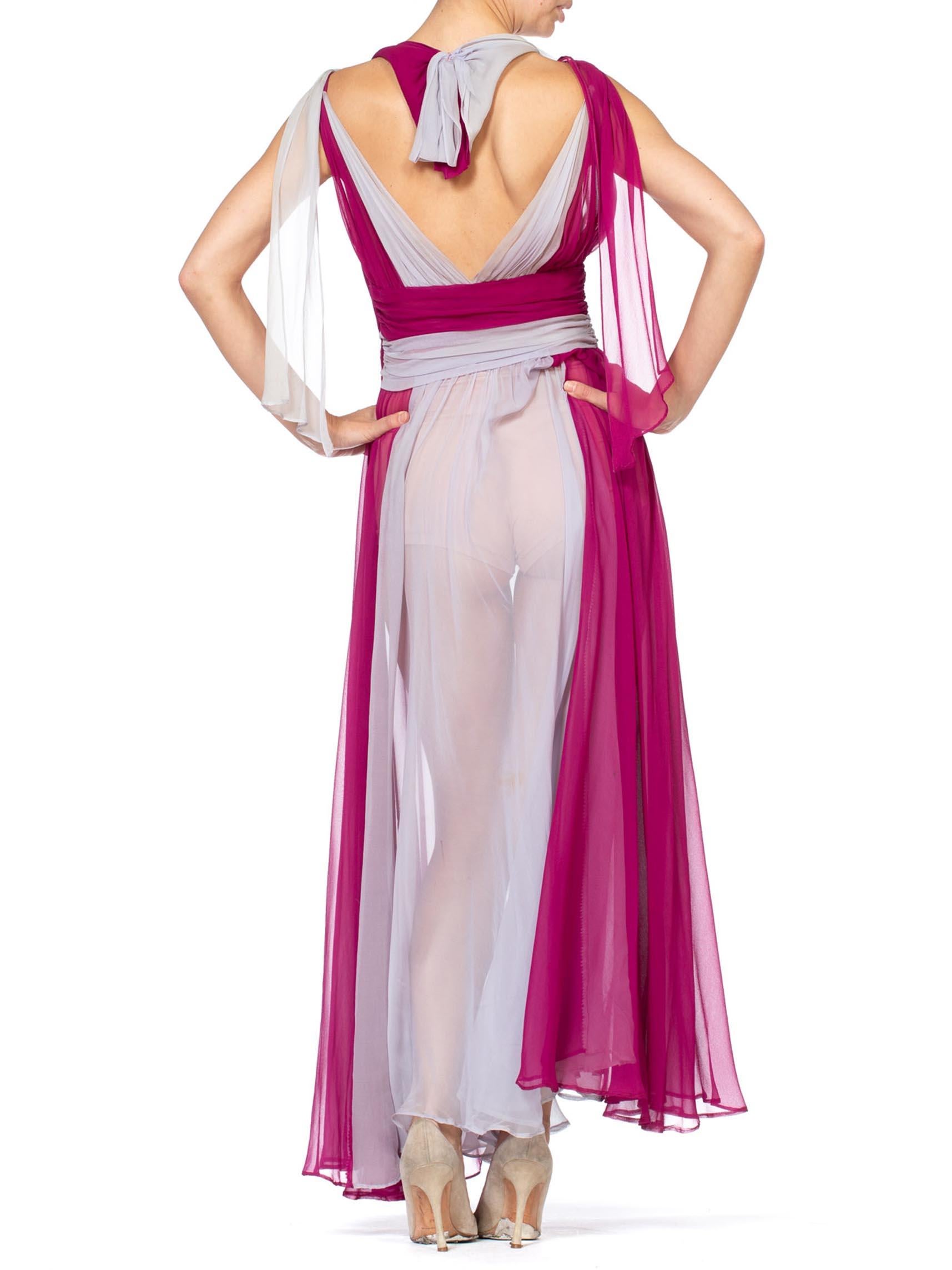 1930S Magenta & Grey Silk Chiffon Rare Color-Blocked Gown With Shoulder 