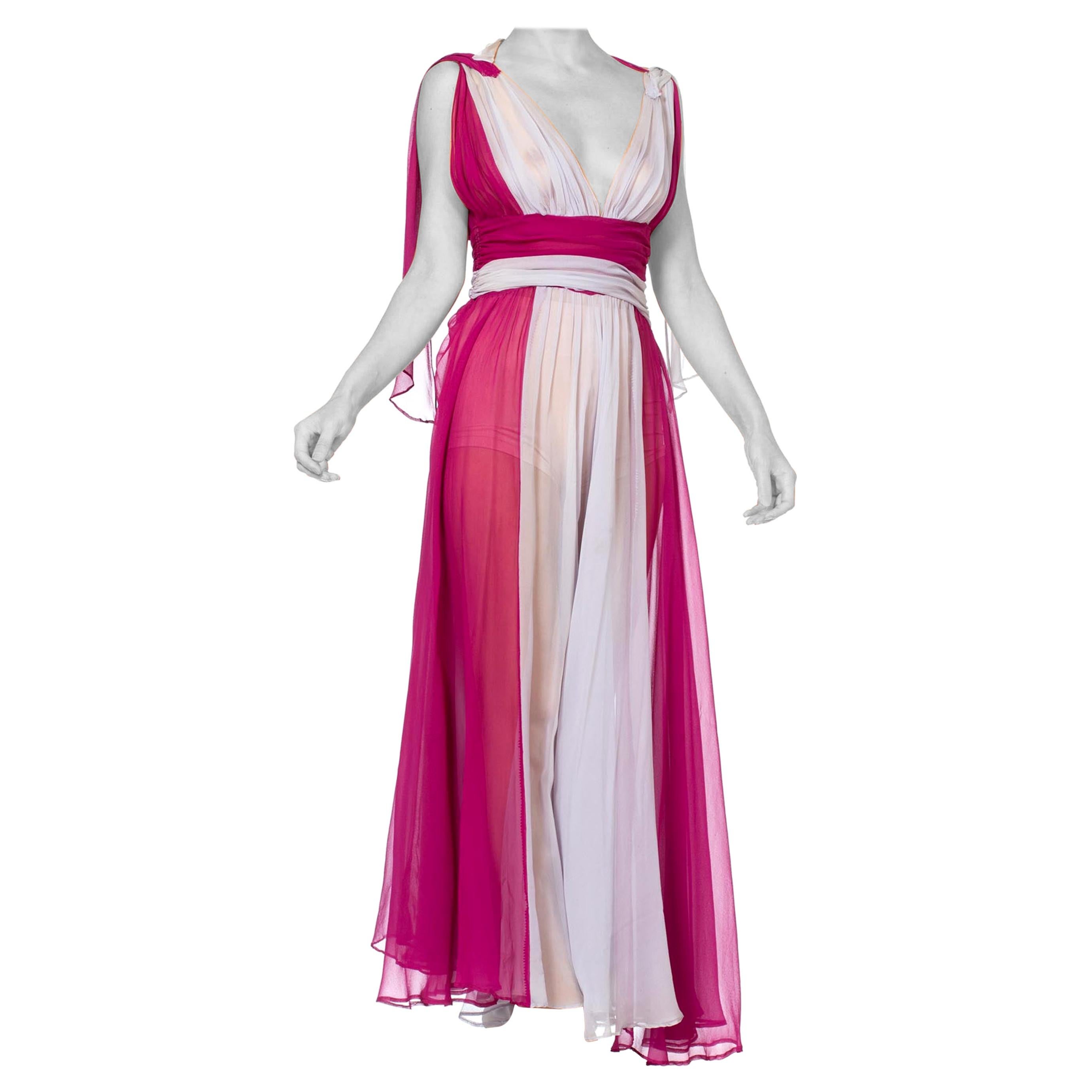 1930S Magenta & Grey Silk Chiffon Rare Color-Blocked Gown With Shoulder "Follow