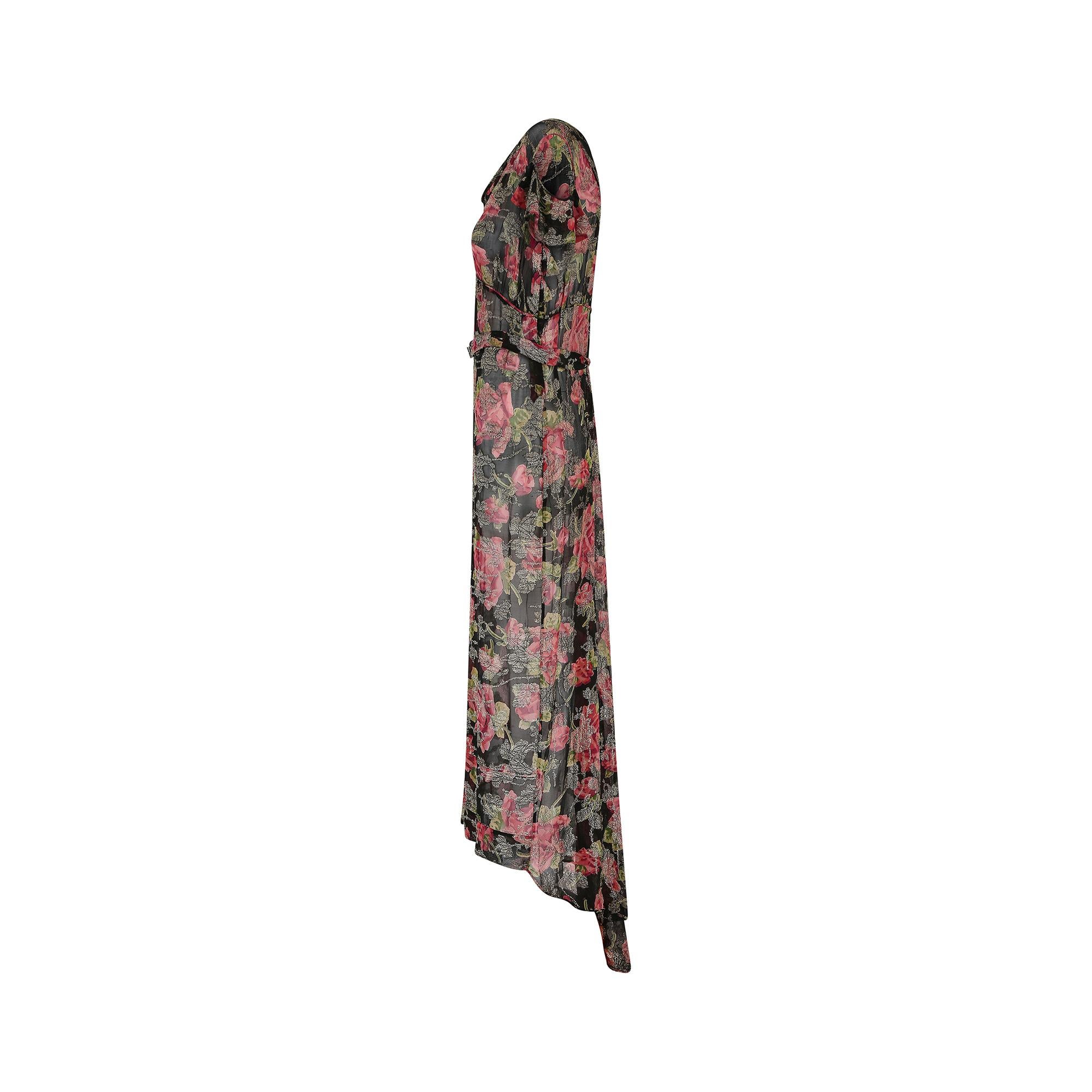 Black 1930s Chiffon Rose Print Lame Dress  For Sale