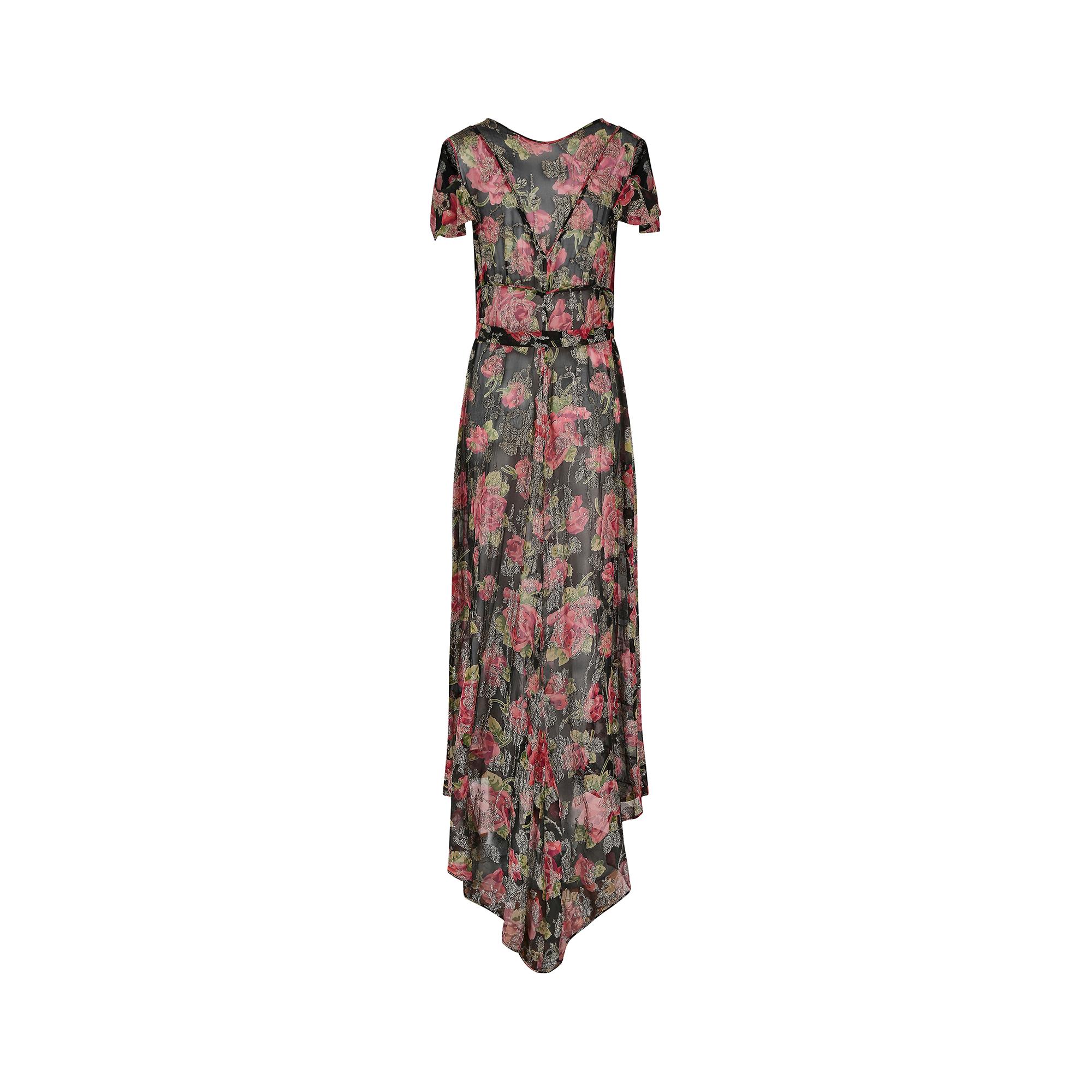 1930s Chiffon Rose Print Lame Dress  In Excellent Condition For Sale In London, GB