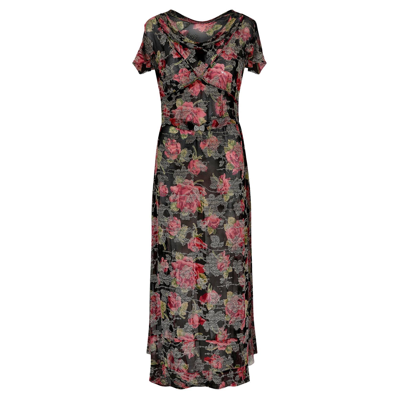 1930s Chiffon Rose Print Lame Dress  For Sale