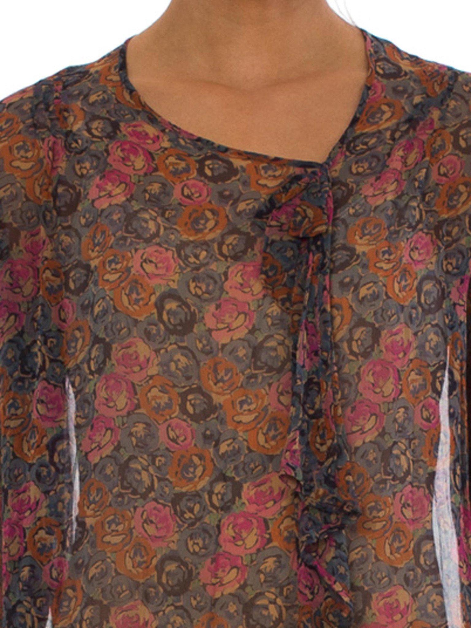 Brown 1930S Blue Pink & Orange Floral Silk Chiffon  Sheer Flowy Long Sleeve Dress Wit For Sale