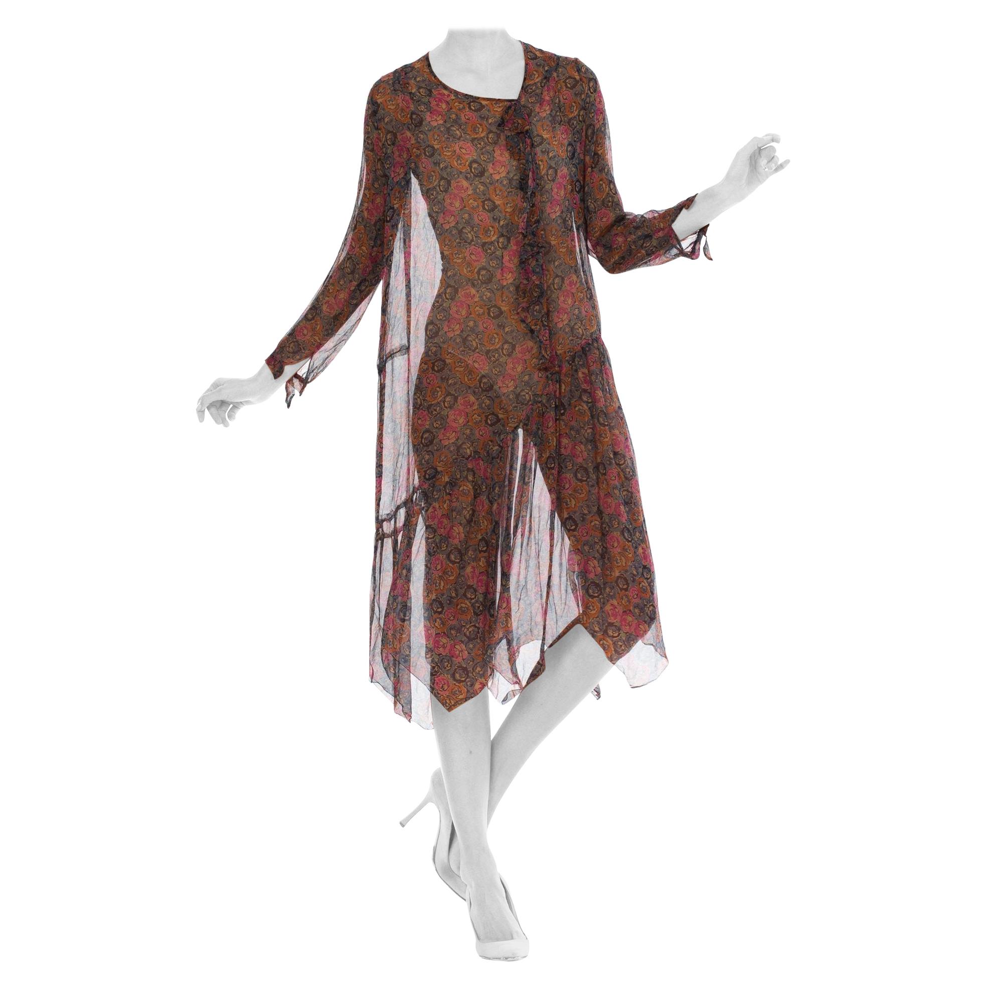1930S Blue Pink & Orange Floral Silk Chiffon  Sheer Flowy Long Sleeve Dress Wit For Sale