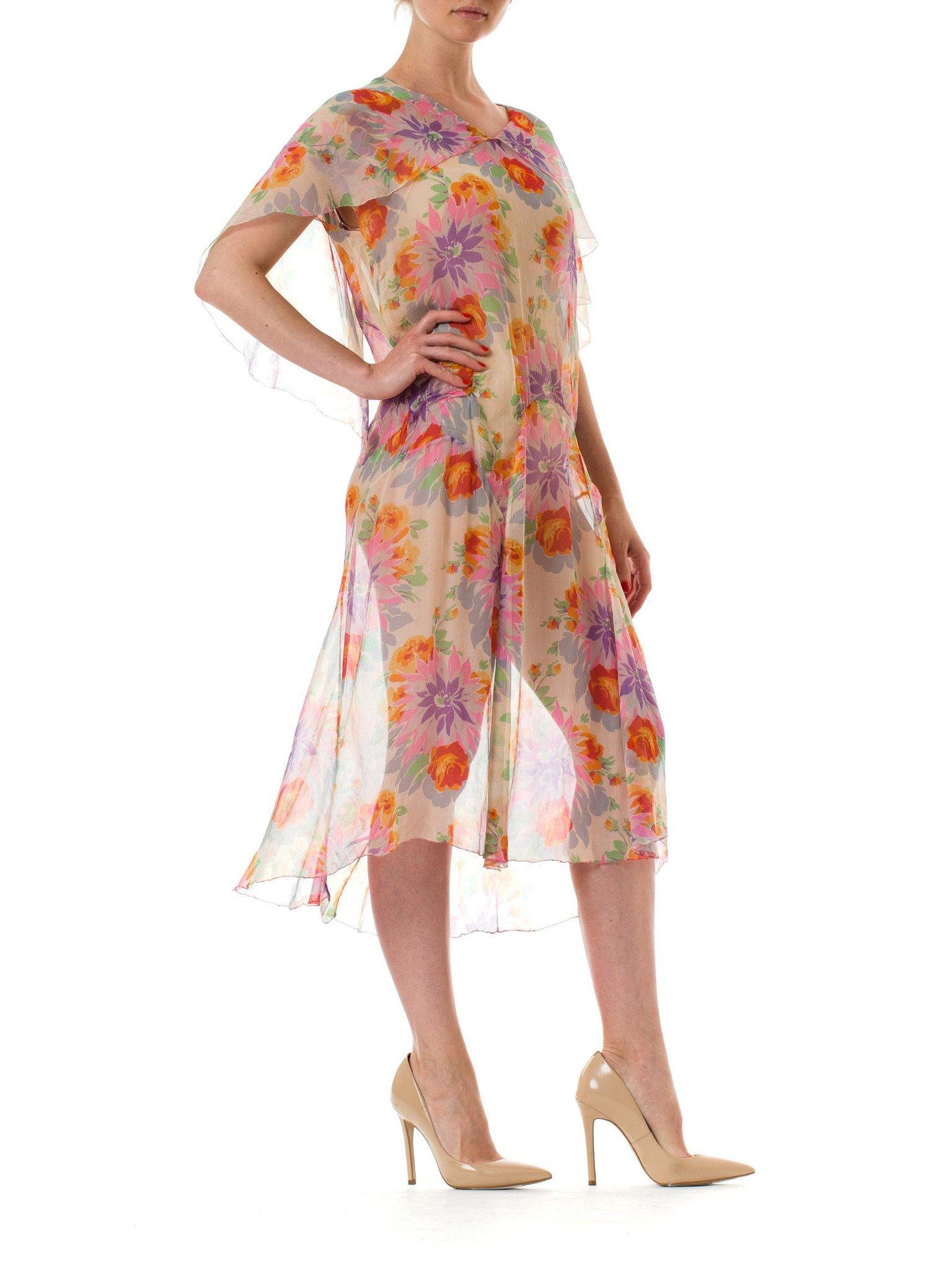 1930S Silk Mousseline Bright & Colorful Floral Pullover Garden Party Dress Fully French Seamed