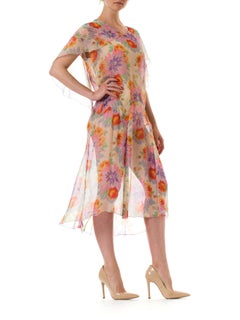 1930S Silk Mousseline Bright & Colorful Floral Pullover Garden Party Dress Full