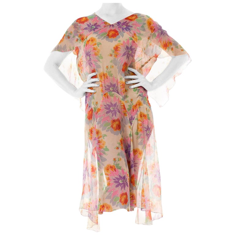 1930s Silk Mousseline Bright & Colorful Floral Pullover Garden Party Dress Full