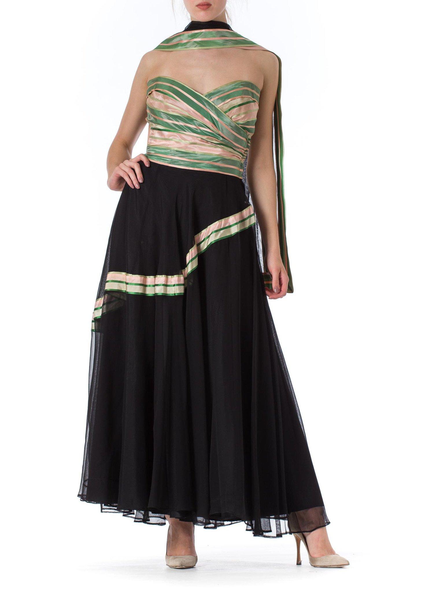 1940S Black Net Strapless Gown With Green & Pink Striped Taffeta Bodice Shawl In Excellent Condition For Sale In New York, NY