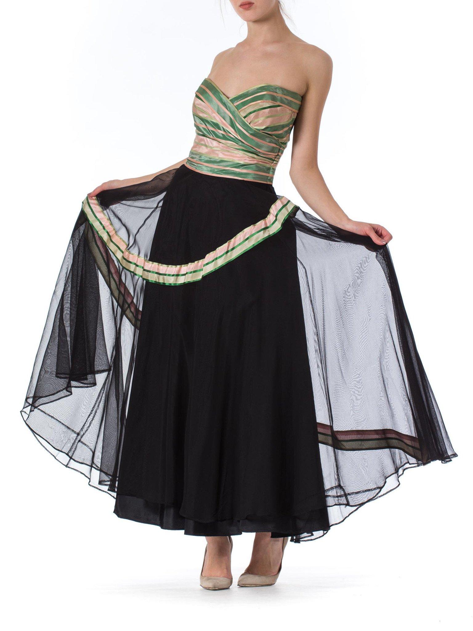 Women's 1940S Black Net Strapless Gown With Green & Pink Striped Taffeta Bodice Shawl For Sale