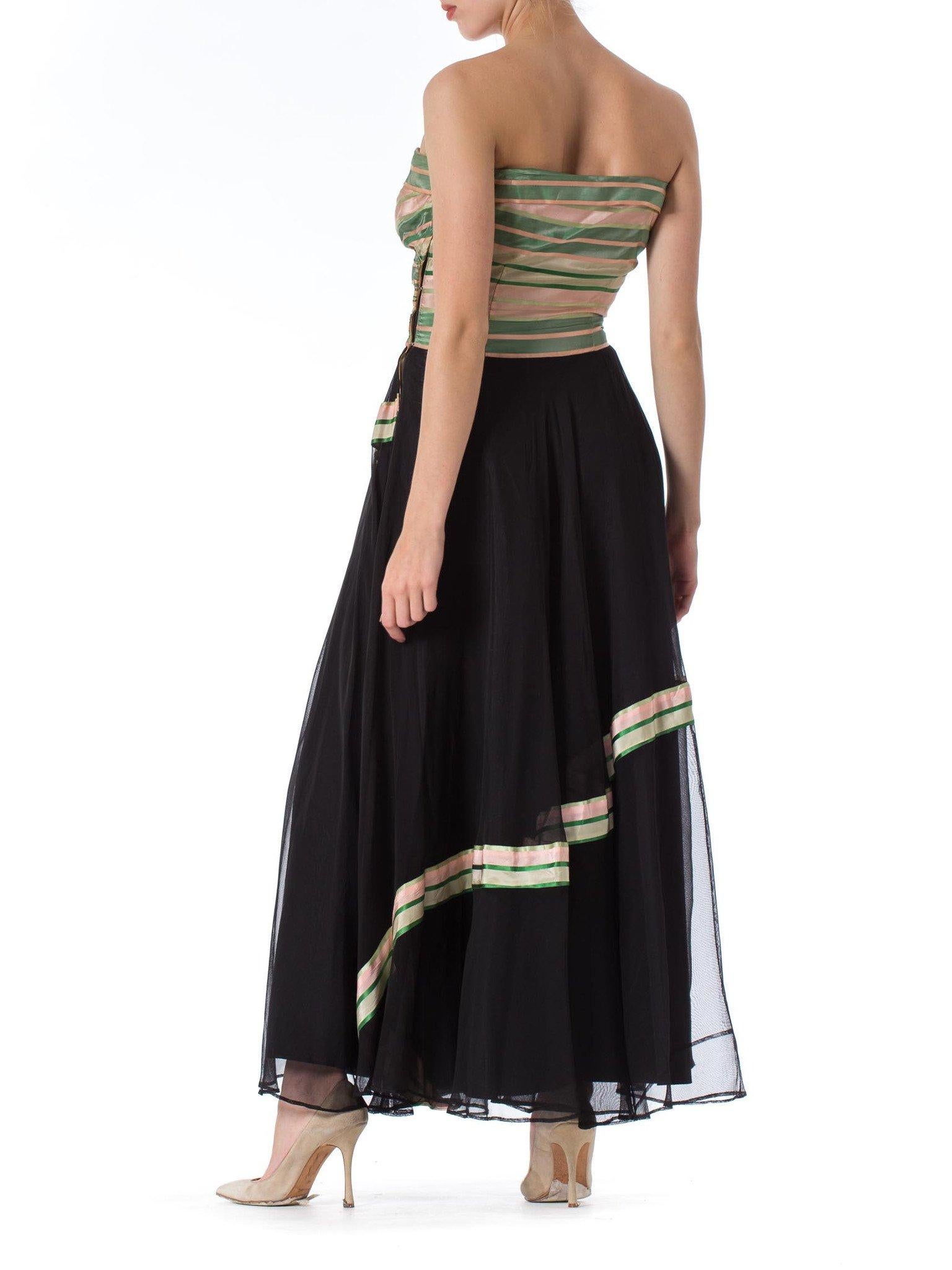 1940S Black Net Strapless Gown With Green & Pink Striped Taffeta Bodice Shawl For Sale 2
