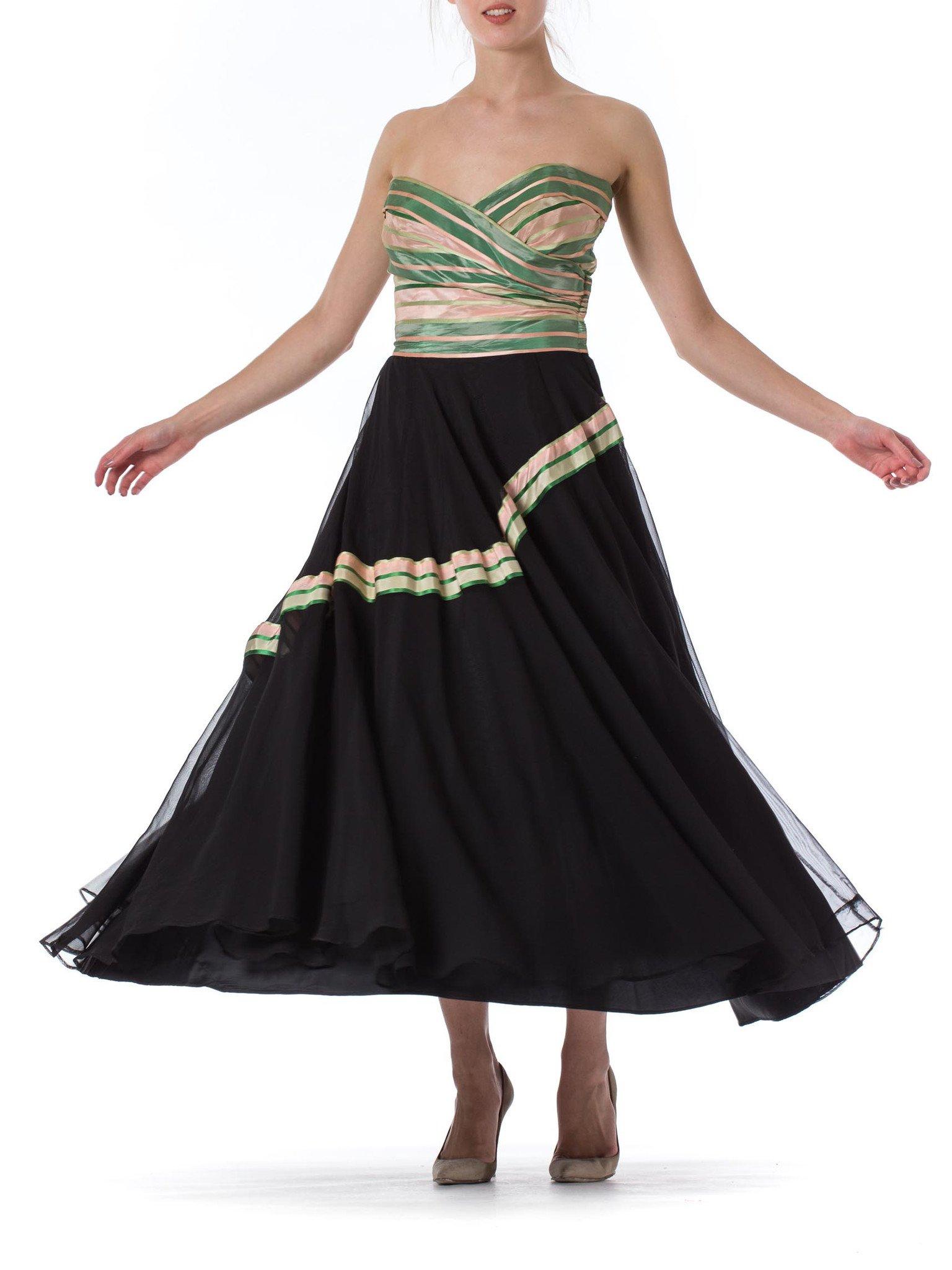 1940S Black Net Strapless Gown With Green & Pink Striped Taffeta Bodice Shawl For Sale 3