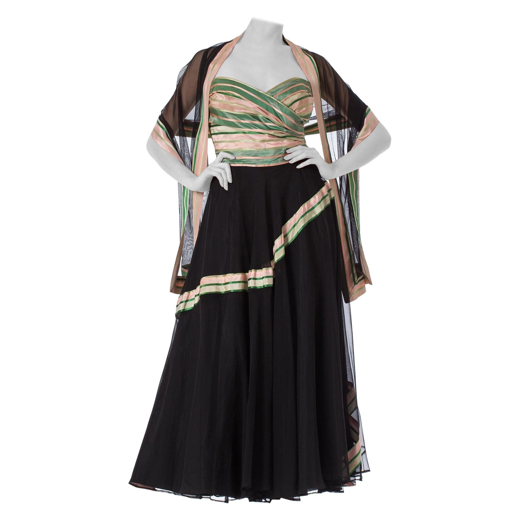 1940S Black Net Strapless Gown With Green & Pink Striped Taffeta Bodice Shawl For Sale