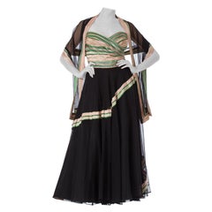 1940S Black Net Strapless Gown With Green & Pink Striped Taffeta Bodice Shawl