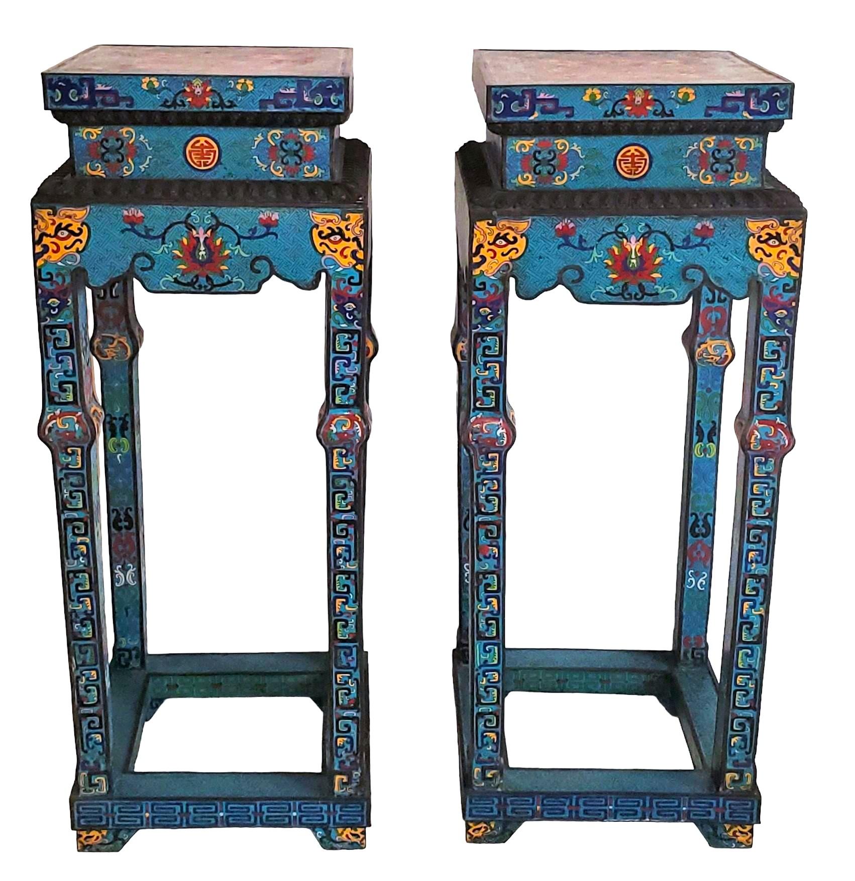 1930s Chines Mink Design Cloisonne Pedestal, a Pair In Good Condition In Pasadena, CA
