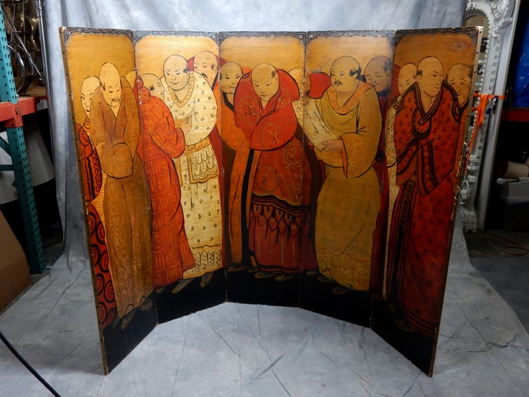 1930's Chinese Chinoiserie Hand Painted Room Divider Screen For Sale 7