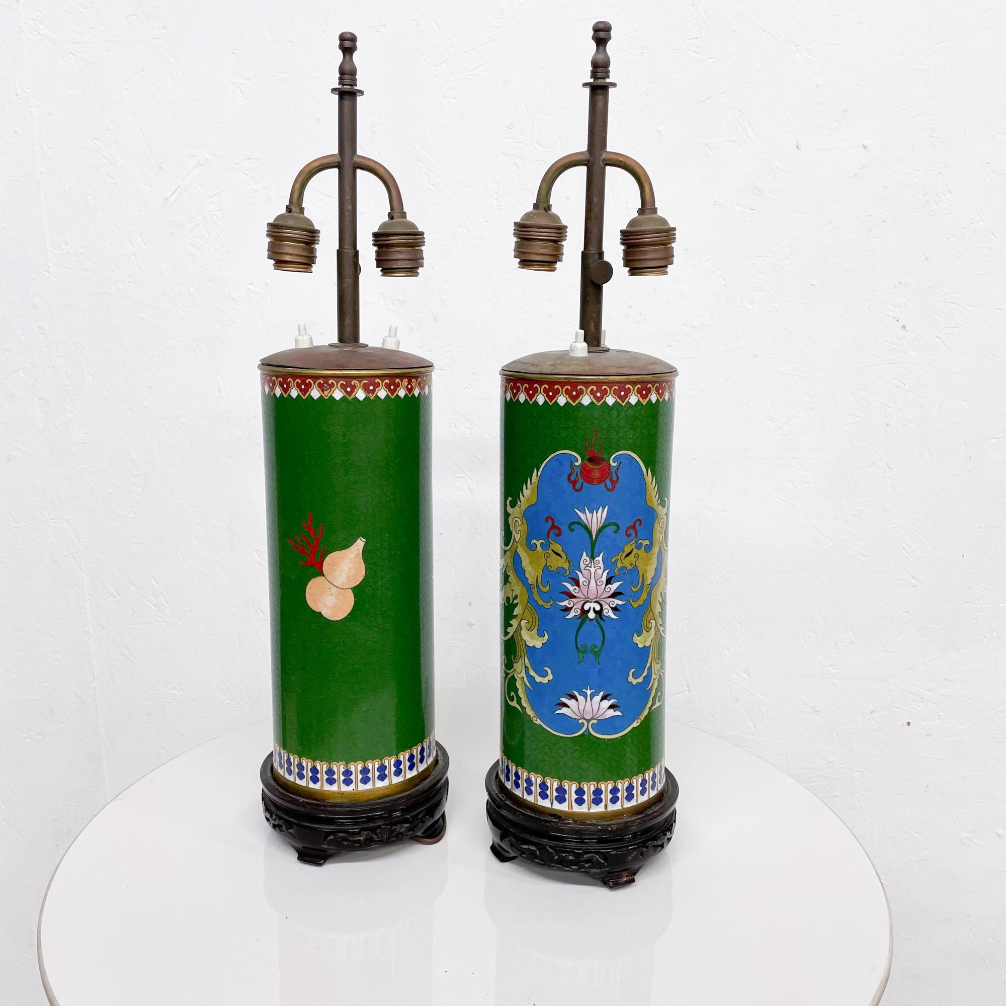 1930s Chinese Cloisonné Table Lamps Green & Blue Enamel Art In Good Condition In Chula Vista, CA
