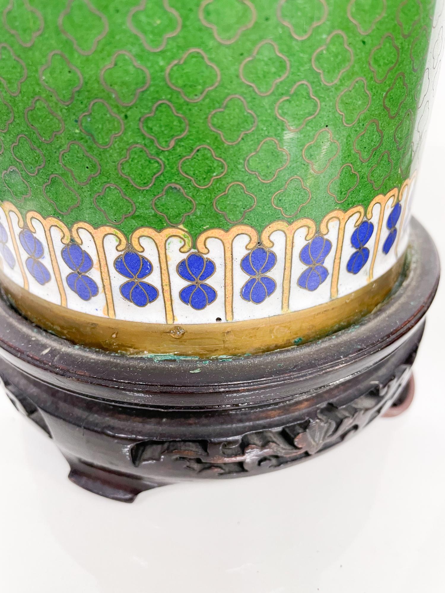 1930s Chinese Cloisonné Table Lamps Green & Blue Enamel Art 1