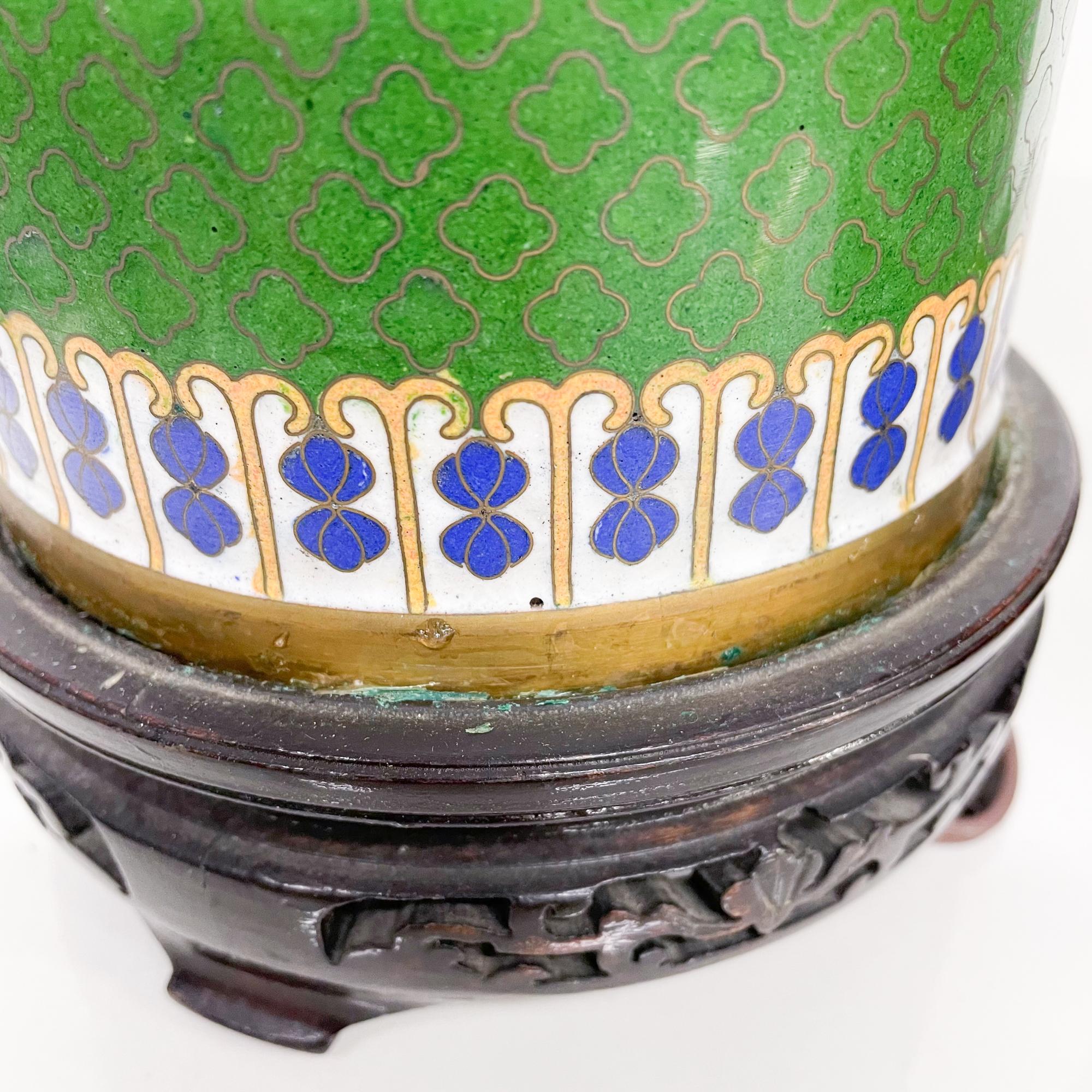 1930s Chinese Cloisonné Table Lamps Green & Blue Enamel Art 2