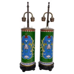1930s Chinese Cloisonné Table Lamps Green & Blue Enamel Art