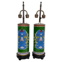 1930s Chinese Cloisonné Table Lamps Green & Greene Enamel Art 