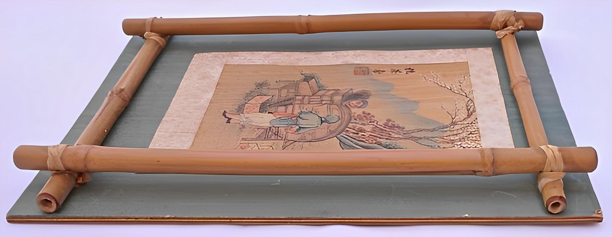 1930s Chinese Hand Painted Picture with Bamboo Frame In Good Condition For Sale In London, GB