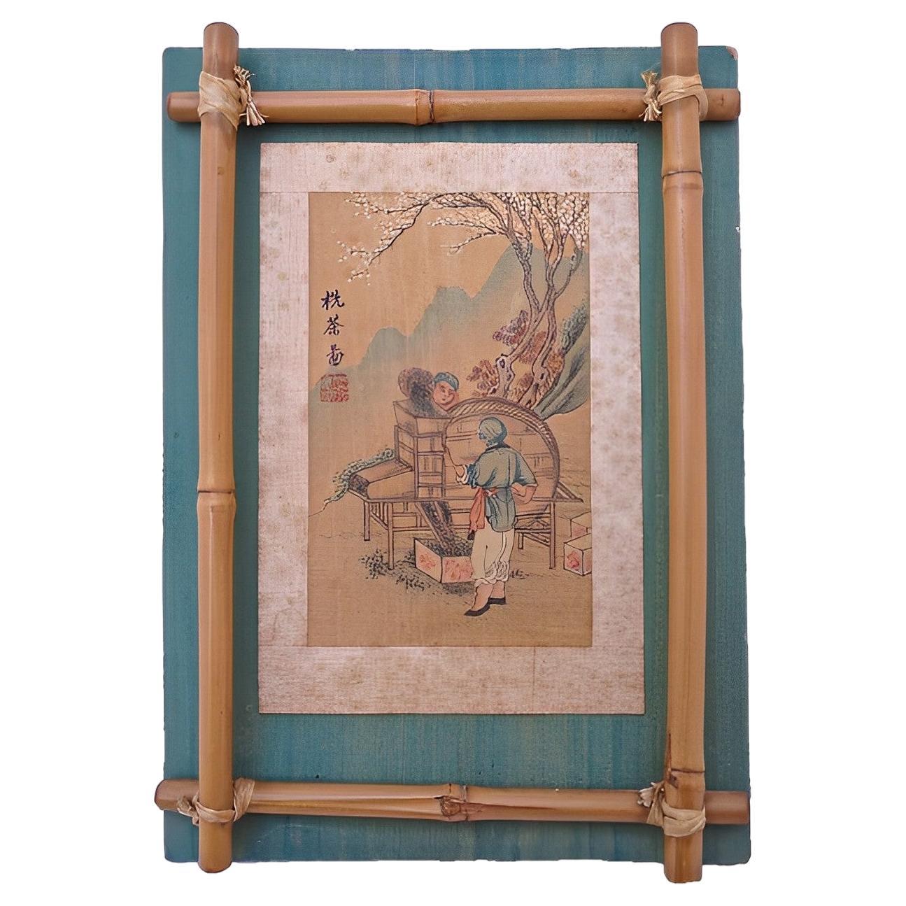1930s Chinese Hand Painted Picture with Bamboo Frame For Sale