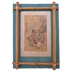 Photo chinoise peinte à la main des années 1930 avec cadre en bambou