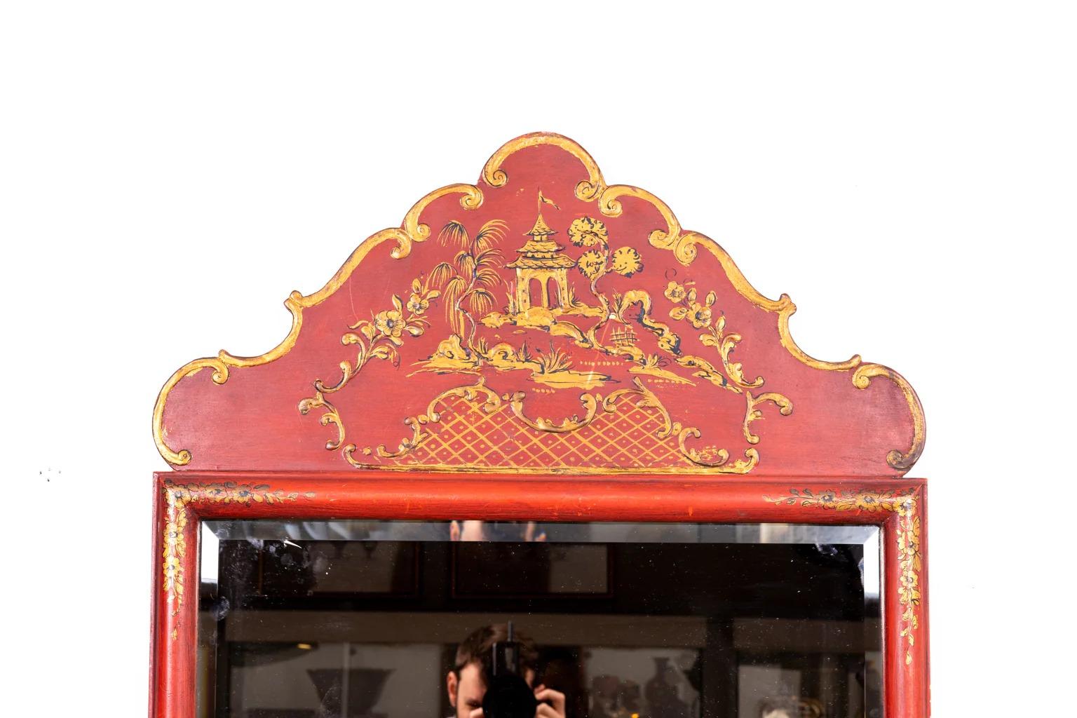 Queen Anne Style Japanned Mirror with chinoiserie decoration. Please note of wear consistent with age.