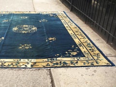 1930s Chinese Navy Blue and White Art Deco Rug